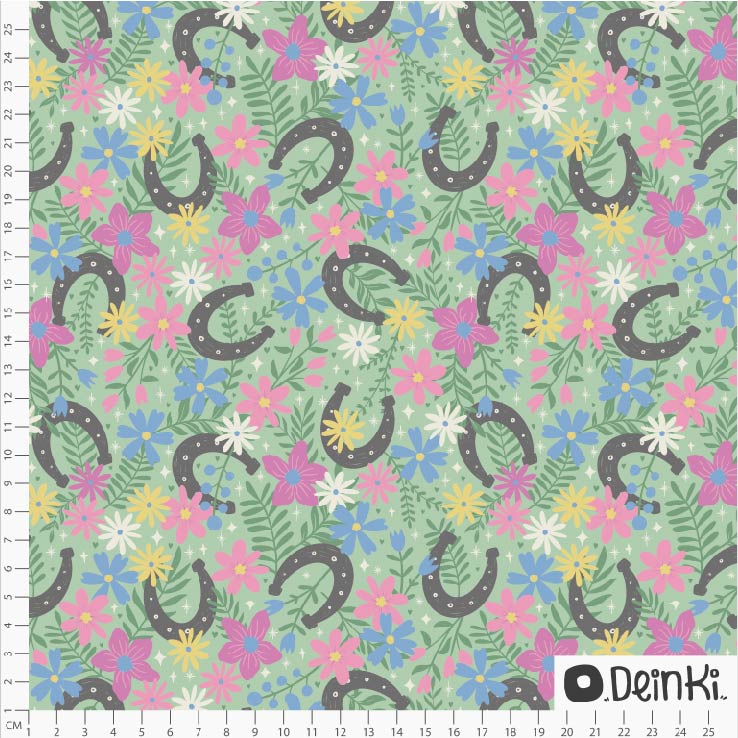 Organic Fabric - Horseshoes And Flowers Green by Deinki in green