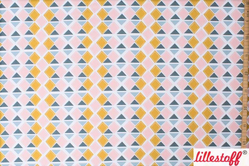 Bio Webware Stoff  -  Kitty Geometrics  - LilleSelection, Ornamente, grau, rosa, senf, 100% Bio-Baumwolle