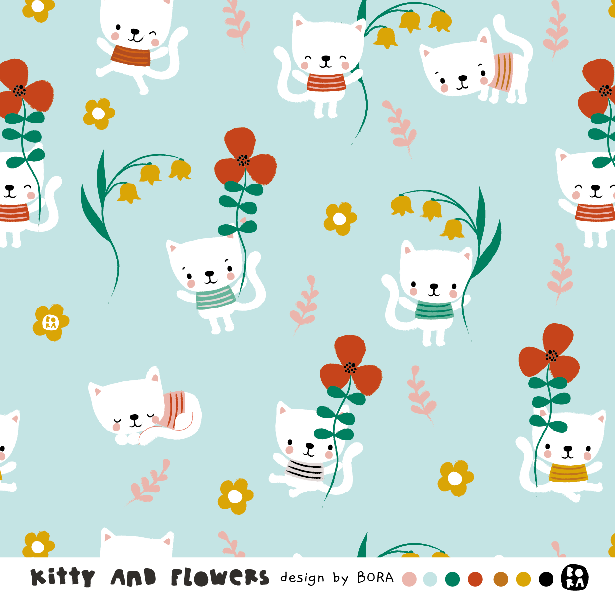 Bio Webware Stoff  -  Kitty And Flowers  - Bora, Tiere, Floral & Blumen, mint, 100% Bio-Baumwolle