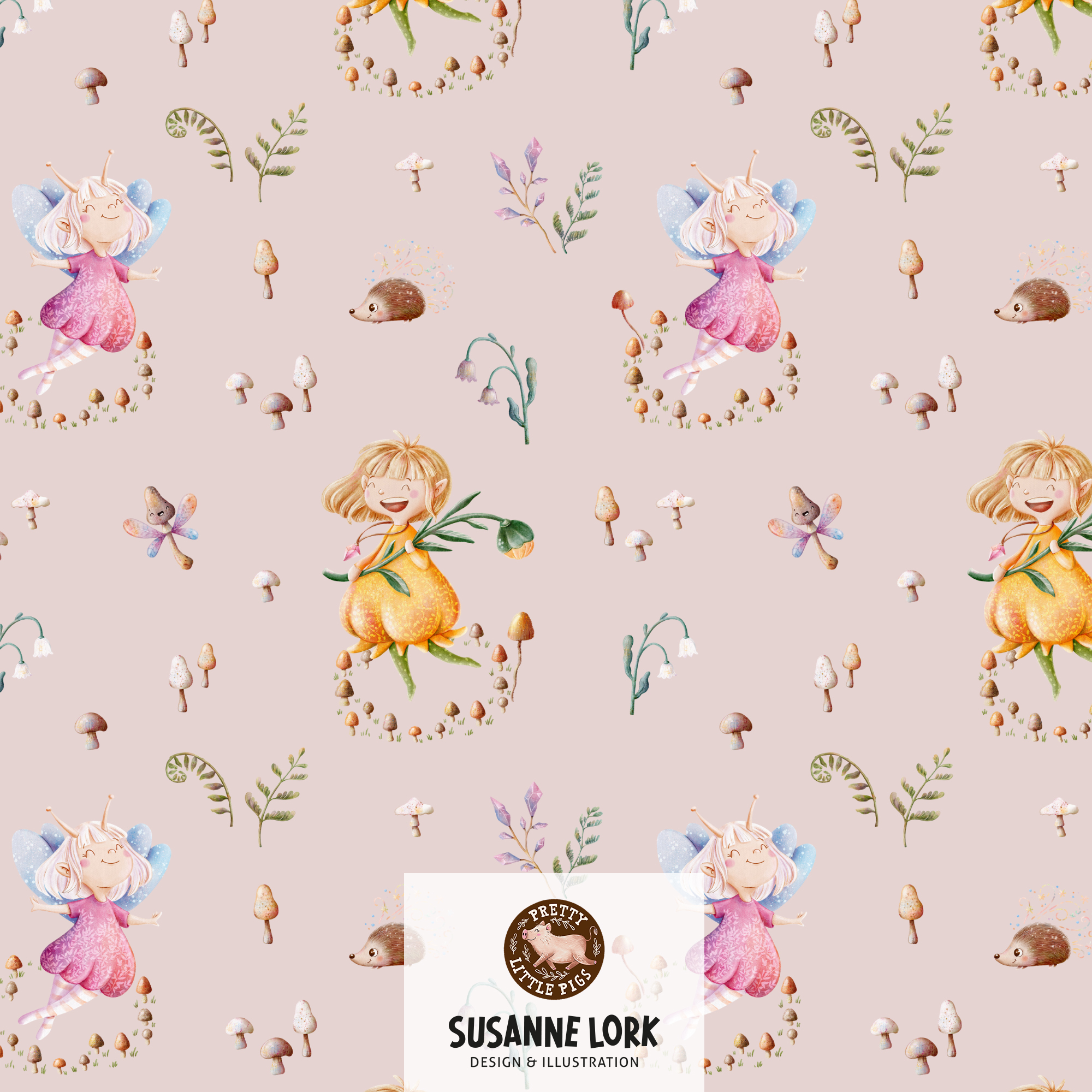 Bio Fabric - Magical Forest Fairies Pink by Pretty Little Pigs in pink