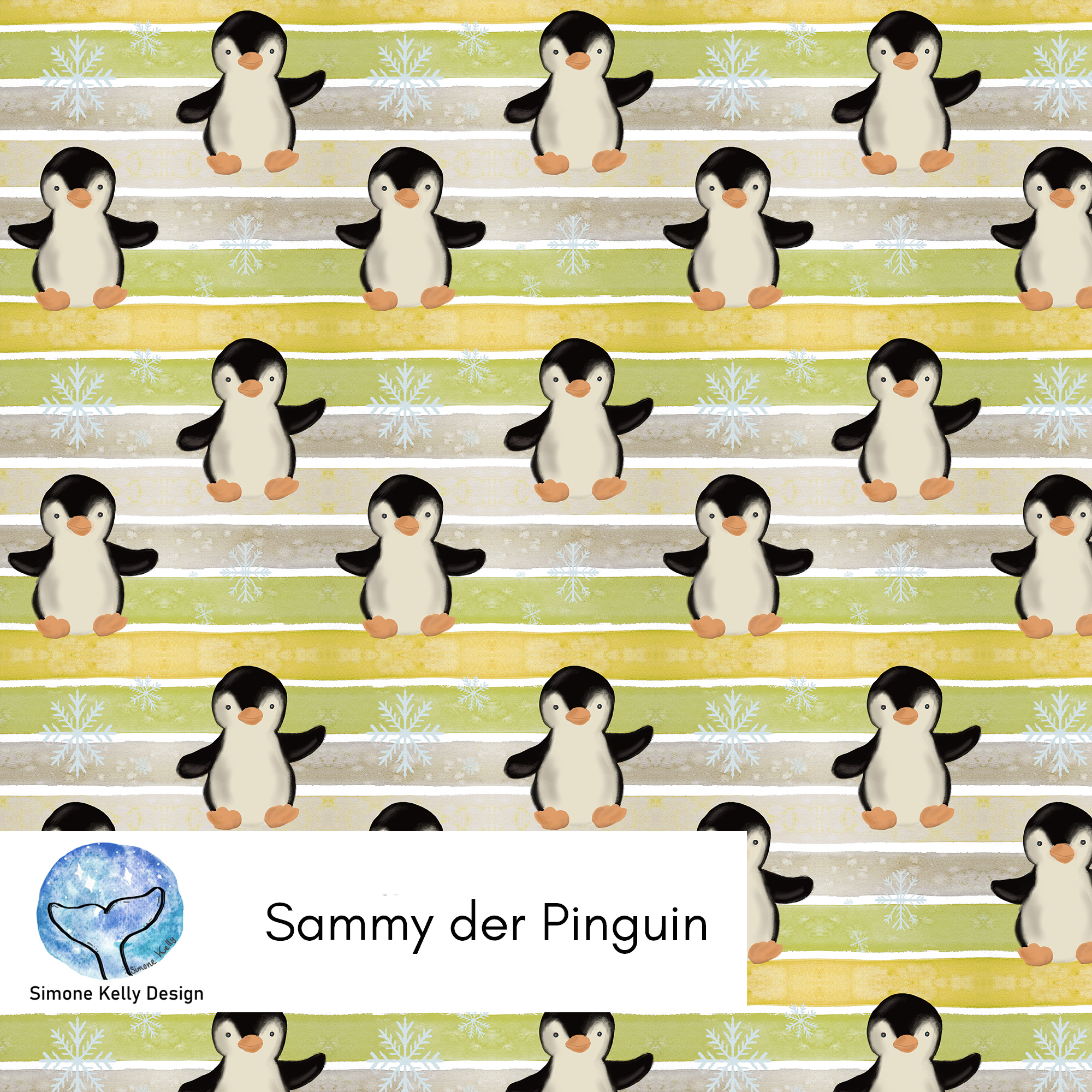Bio Webware Stoff  -  Sammy der Pinguin Allover  - SimoneKelly, Streifen, Tiere, gelb, 100% Bio-Baumwolle
