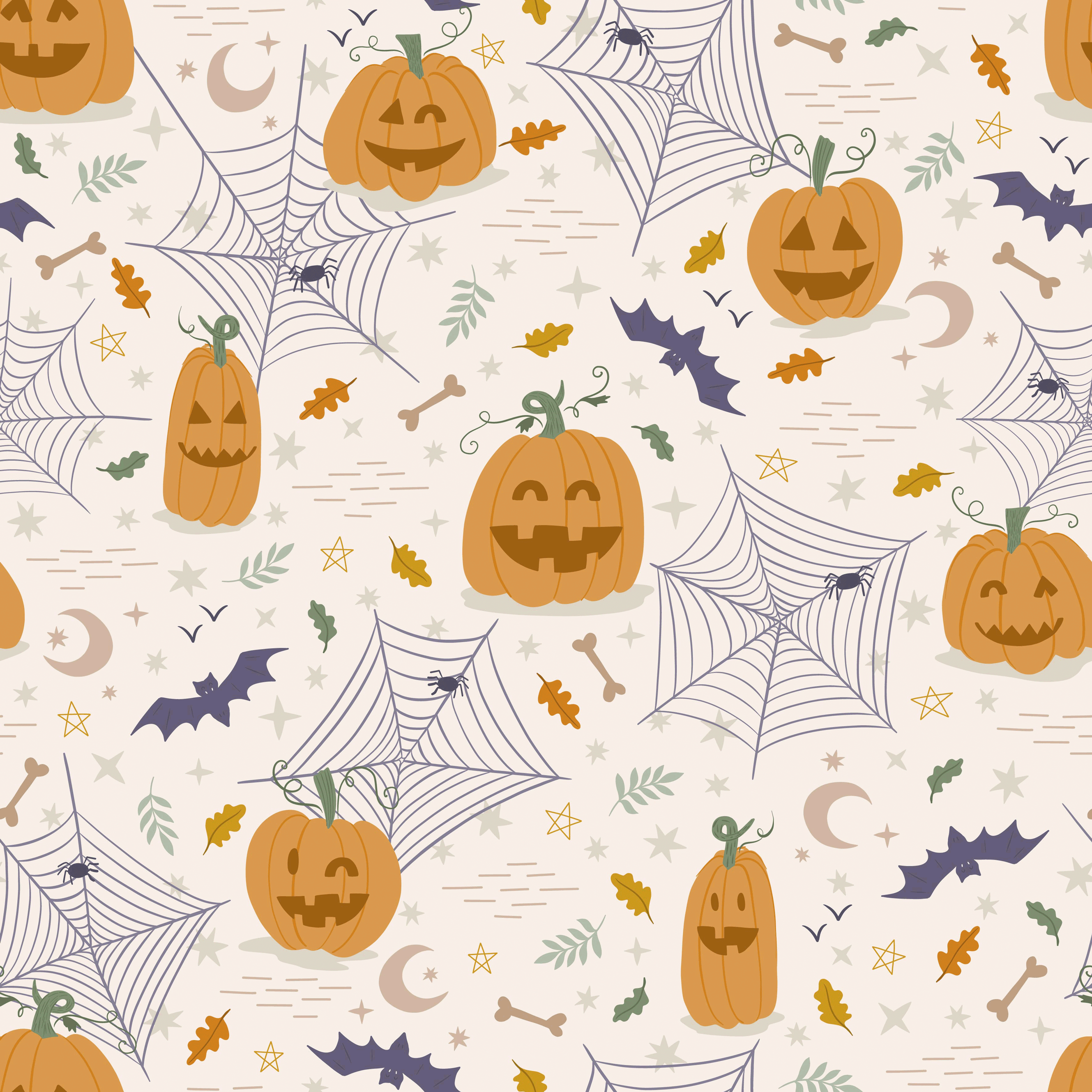 Bio Stoff - Halloween Kürbisse Spinnen Fledermäuse von Deinki in orange