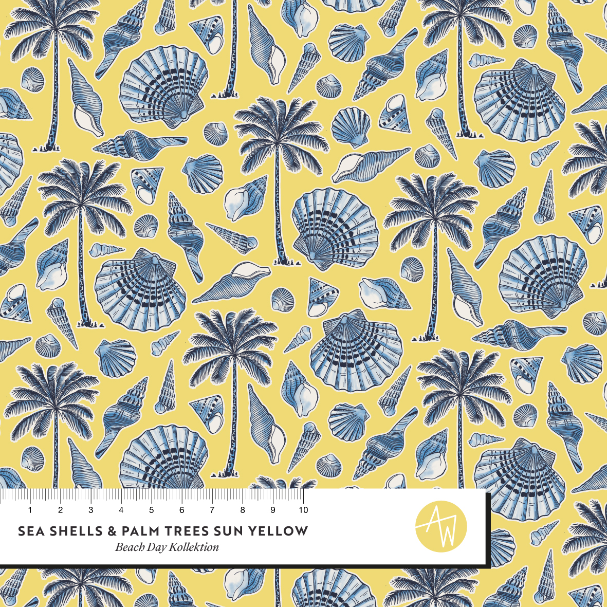 Bio Summersweat Stoff  - Sea Shells and Palm Trees Sun Yellow - AlexandraWeise, gelb, Maritim Breite 150 cm