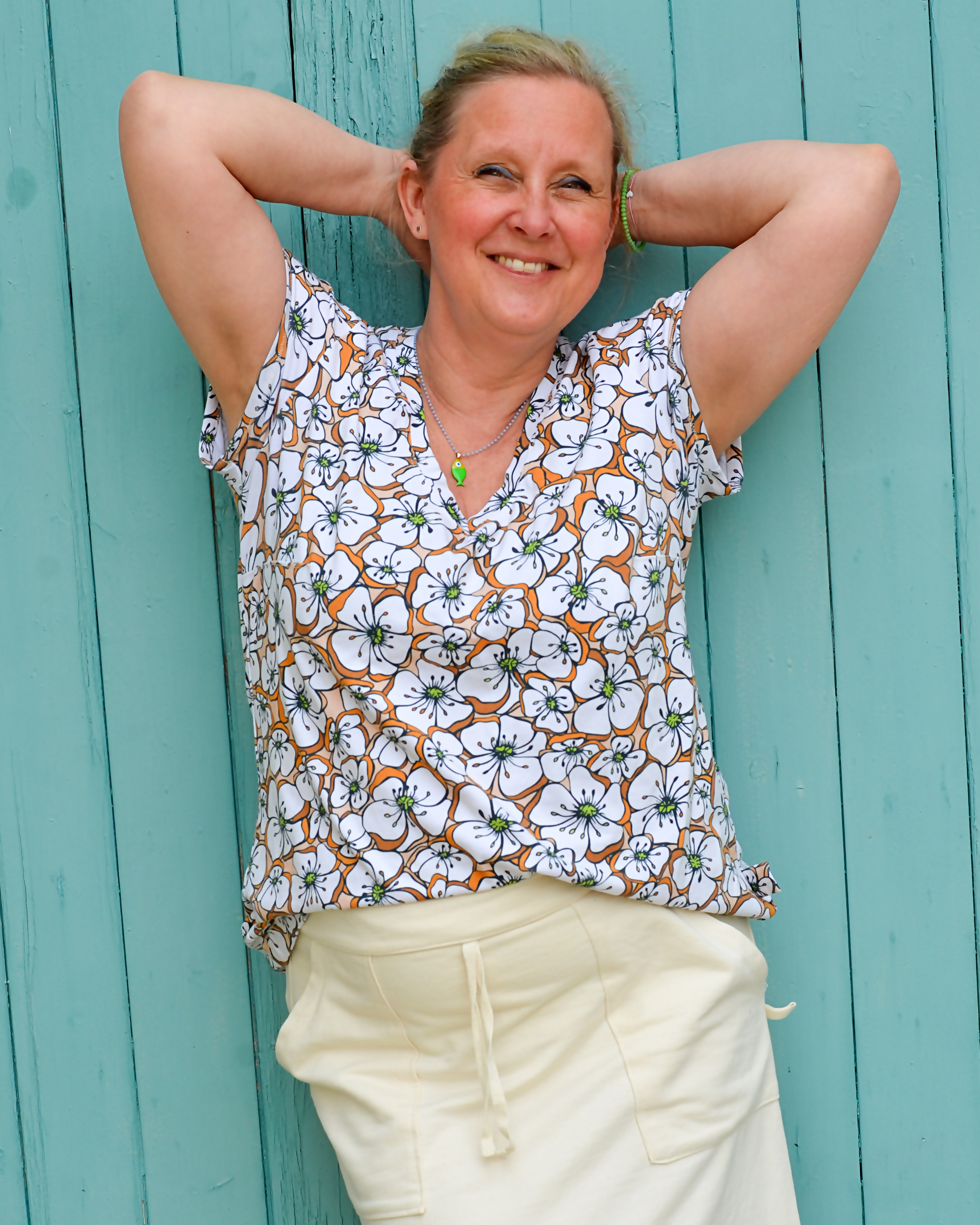 Bio Stoff  - Obstblüten beige, orange