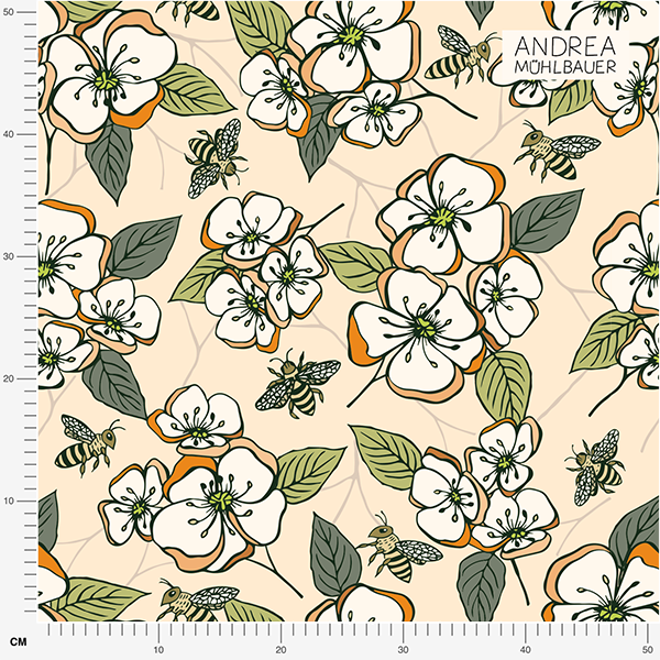Bio Stoff  - Obstblüten Bienen beige, orange