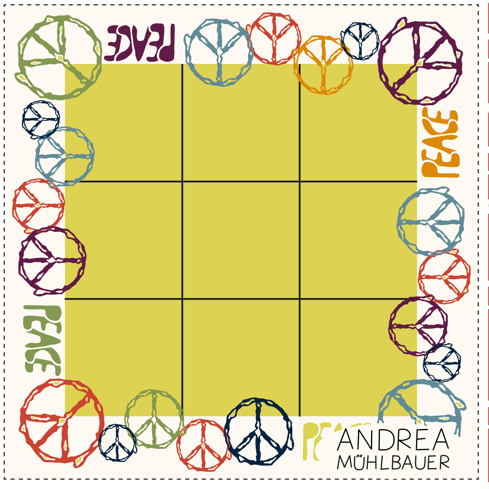 Organic Fabric - Peace Tik Tak Toe Panel50cm by Andrea Muehlbauer in yellow