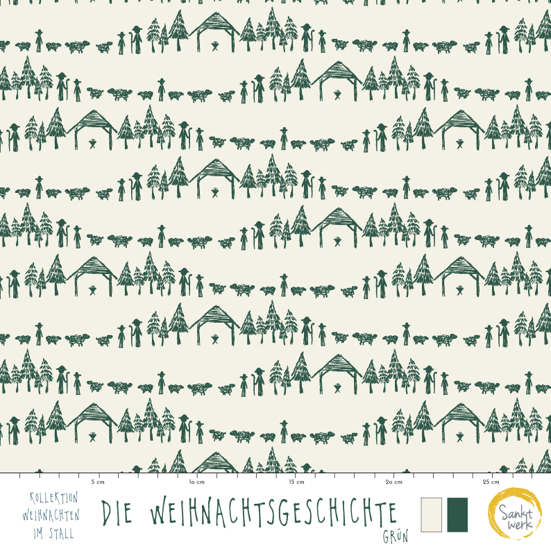Bio Webware Stoff - Die Weihnachtsgeschichte grün - Sanktwerk, Weihnachten, creme, 100% Bio-Baumwolle Bio Webware Stoff - Die Weihnachtsgeschichte grün - Sanktwerk, Weihnachten, creme, 100% Bio-Baumwolle