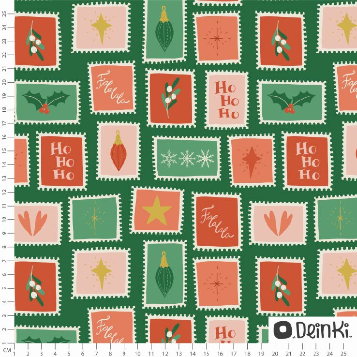 Bio Webware Stoff - Weihnachtsbriefmarken Dunkelgrün - Deinki, grün, Weihnachten, 100% Bio-Baumwolle Bio Webware Stoff - Weihnachtsbriefmarken Dunkelgrün - Deinki, grün, Weihnachten, 100% Bio-Baumwolle