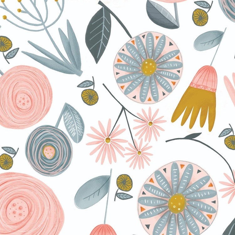 Bio Stoff  -  Kitty Garden Flowers  - LilleSelection, blau, creme, Frühling, Floral & Blumen, Sommer, rosa