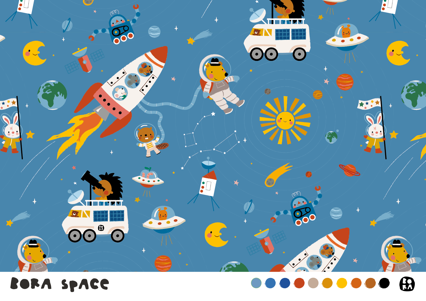 Bio Webware Stoff  -  Space Square - Bora, blau, Kinder, Weltraum, 100% Bio-Baumwolle