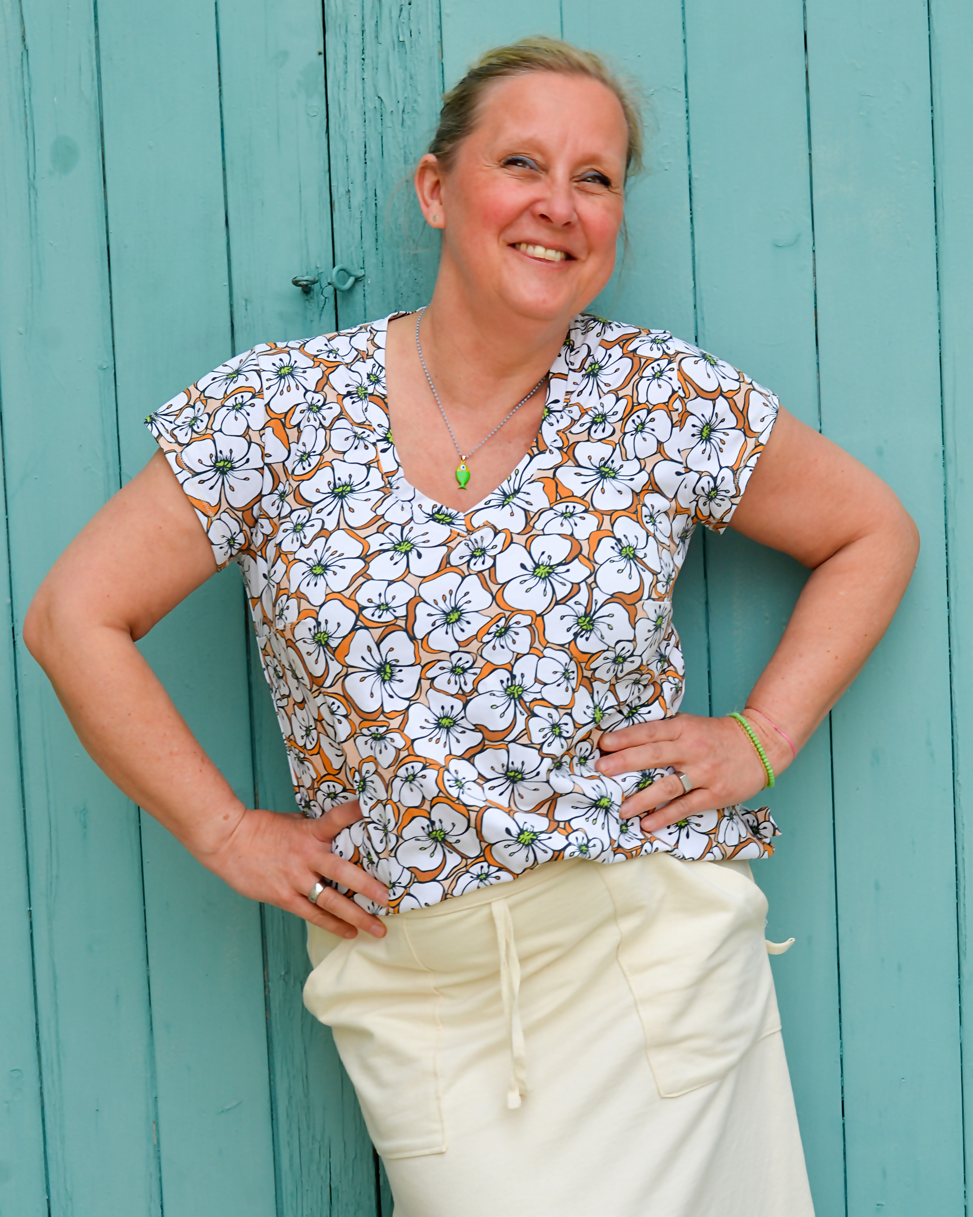 Bio Stoff  - Obstblüten beige, orange