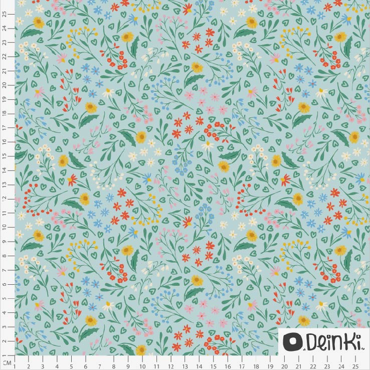 Bio Webware Stoff  - Bluemchen Und Herzchen Hellblau  - Deinki, blau, Blumen, 100% Bio-Baumwolle