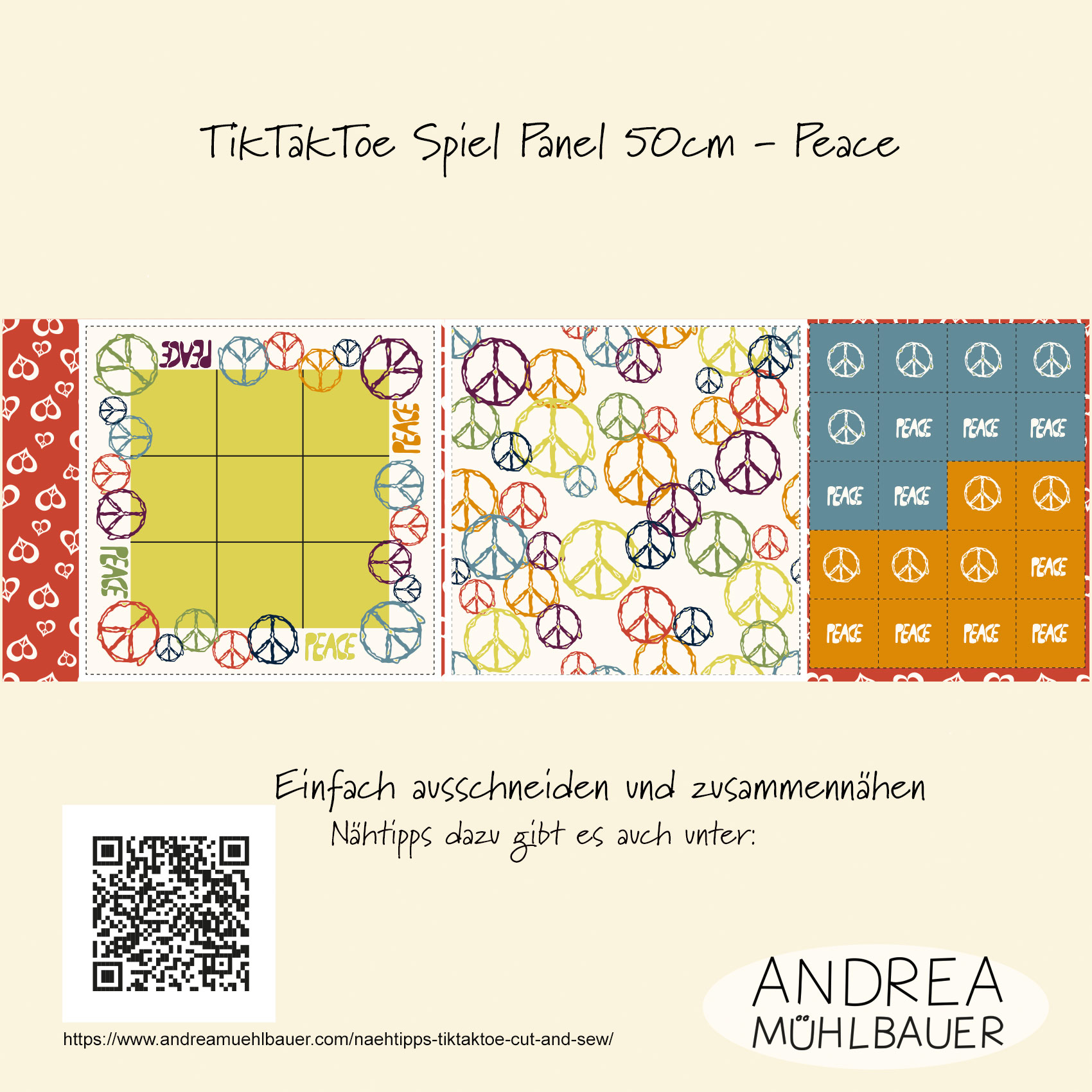 Organic Fabric - Peace Tik Tak Toe Panel50cm by Andrea Muehlbauer in yellow