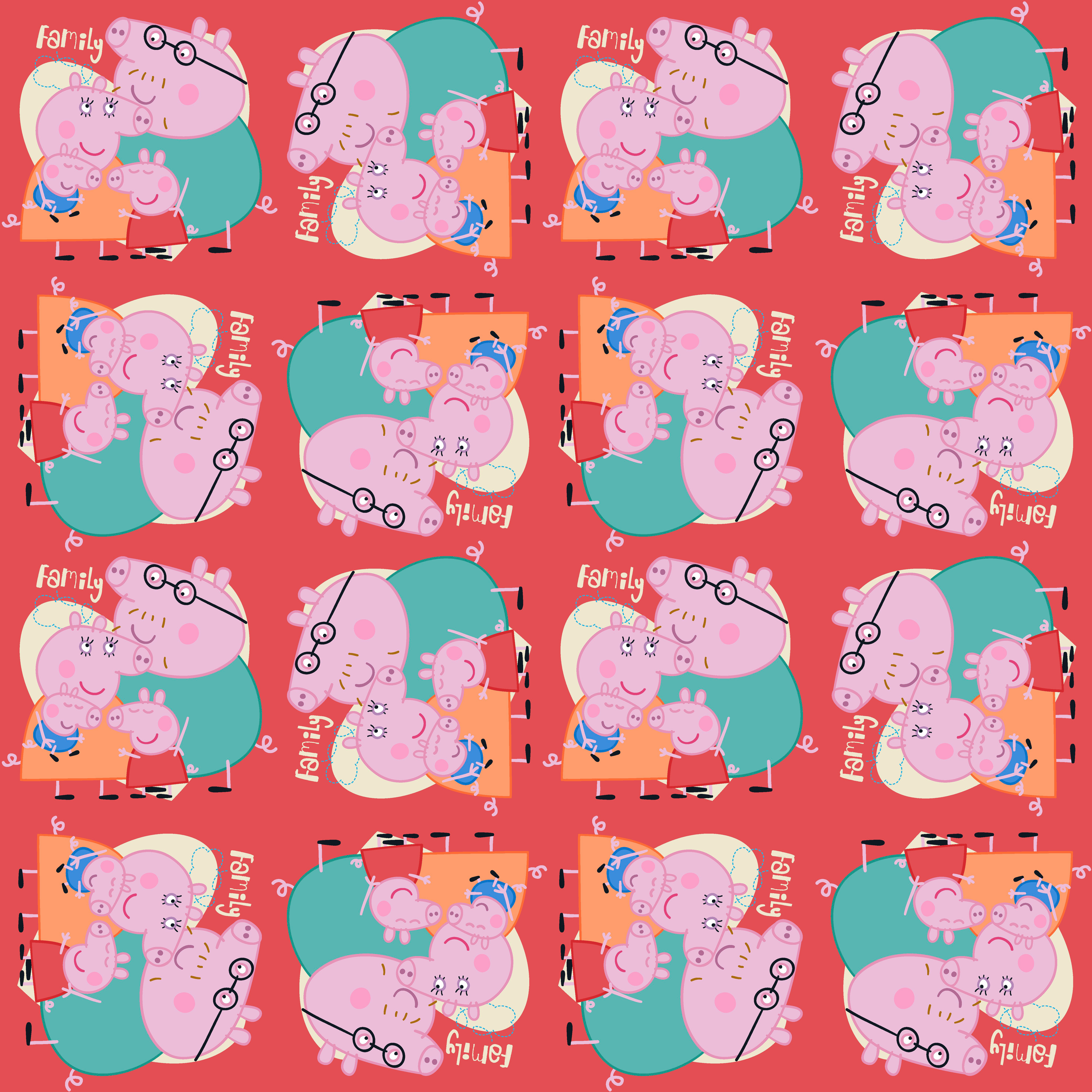 Bio Stoff  -  Peppa Pig Family 2  - PeppaPig, Tiere, rot, rosa