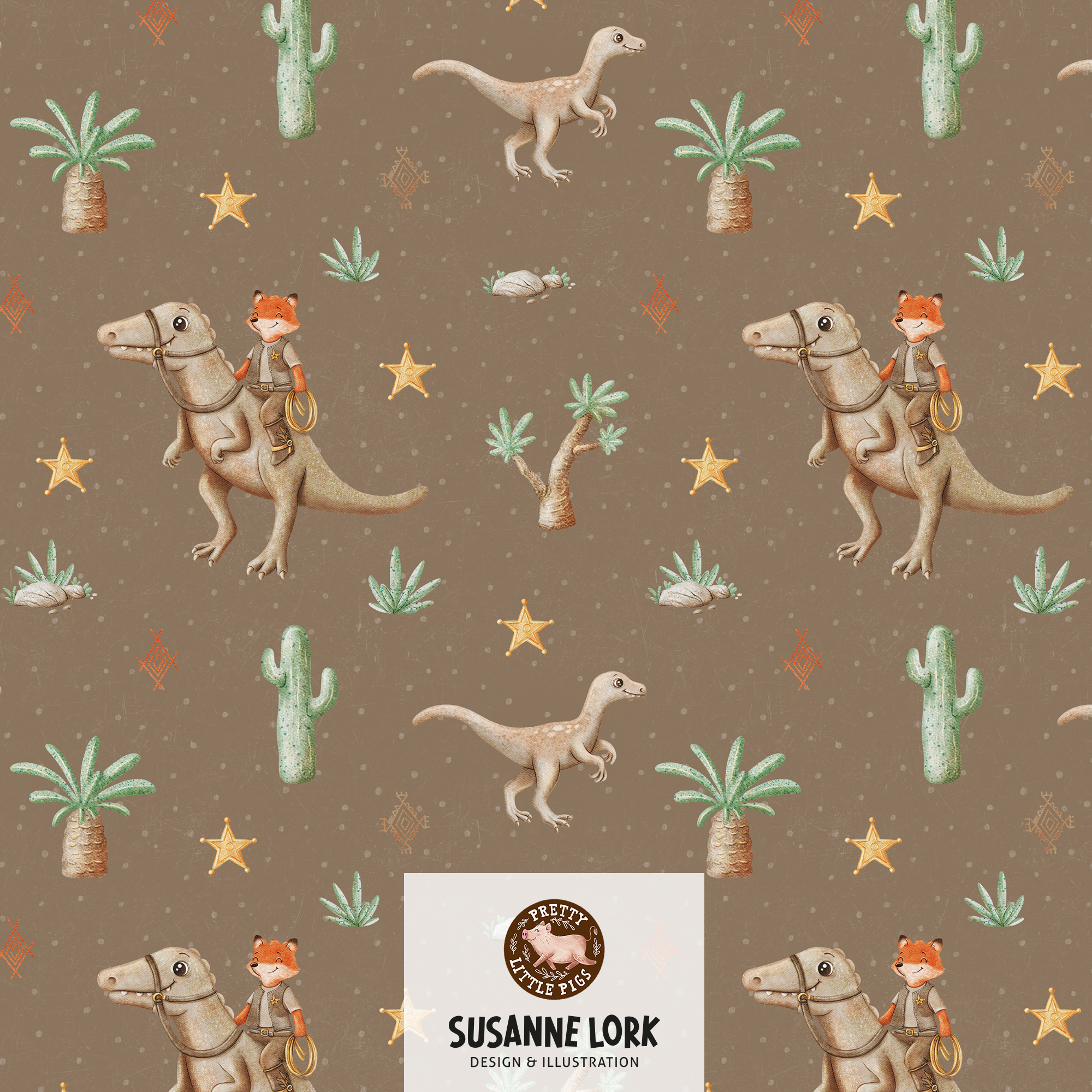 Bio Webware Stoff - Dino Cowboy Taupe Klein - PrettyLittlePigs, Dinosaurier, braun, 100% Bio-Baumwolle Bio Webware Stoff - Dino Cowboy Taupe Klein - PrettyLittlePigs, Dinosaurier, braun, 100% Bio-Baumwolle