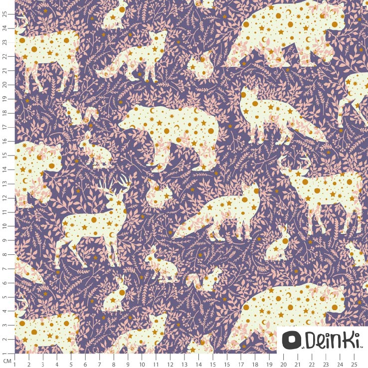 Bio Stoff  - Waldtiere Lila Rosa - Deinki, lila, Tiere, Sterne
