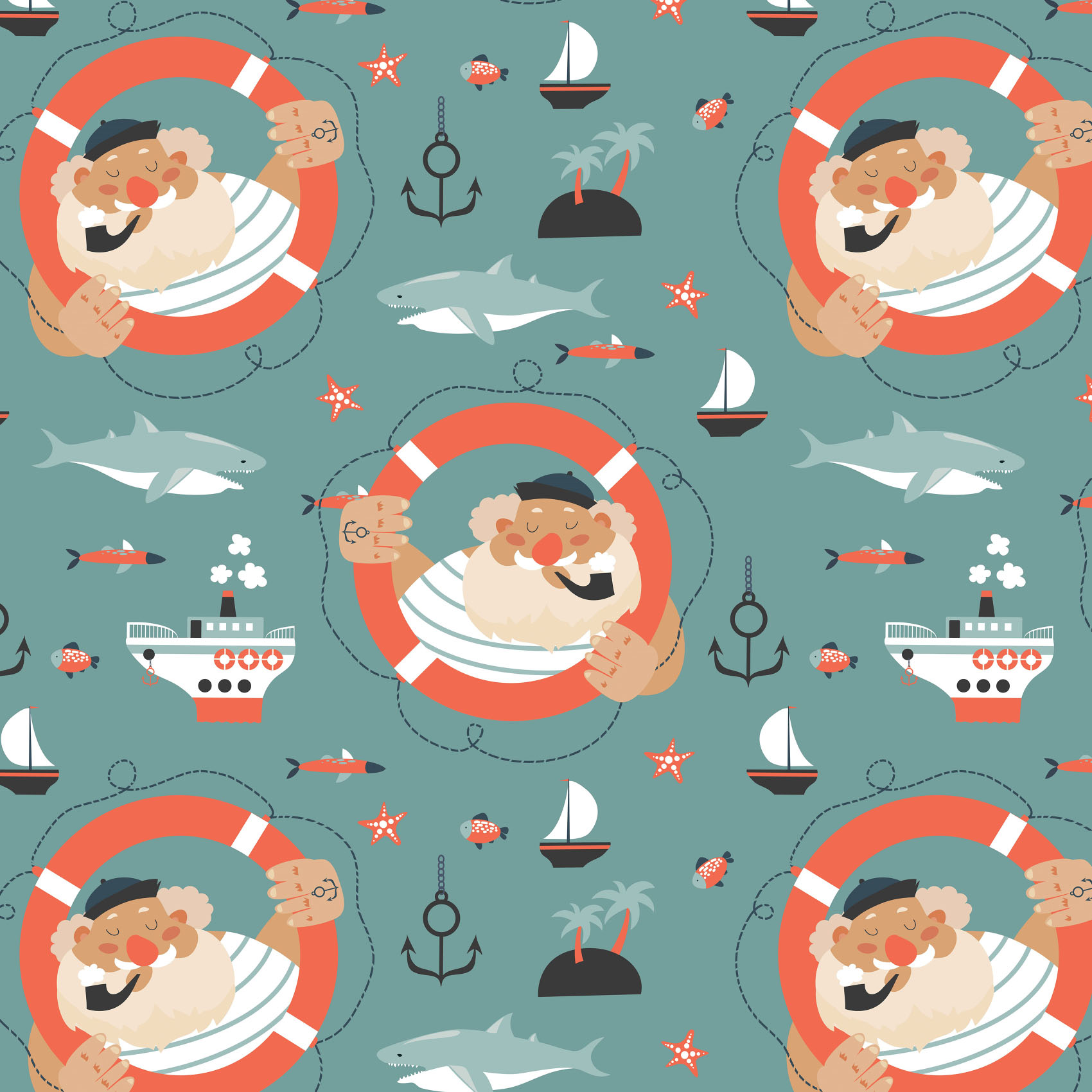 Bio Stoff  -  Old Sailor  - LilleSelection, Tiere, grün, Maritim, Fahrzeuge