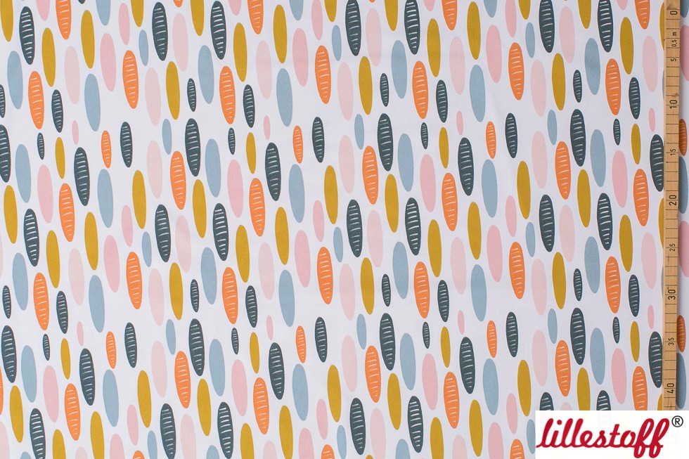 Bio Stoff  -  Kitty Drops  - LilleSelection, weiß, Punkte, blau, senf