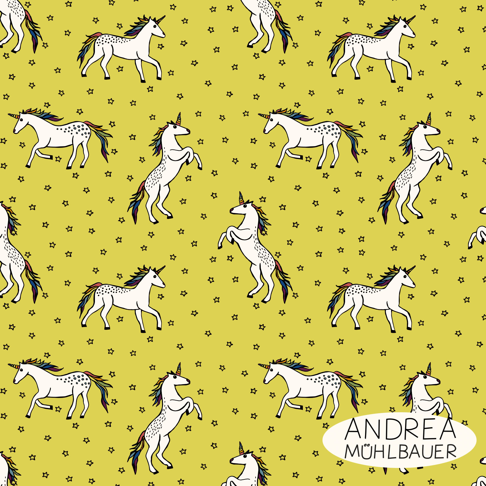 Bio Webware Stoff  -  Einhörner Middle Yellow  - AndreaMuehlbauer, Tiere, Fantasy, rot, 100% Bio-Baumwolle