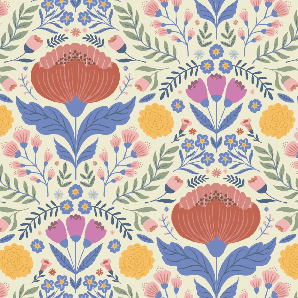 Bio Stoff  - Sommerblumen Damask creme, bunt