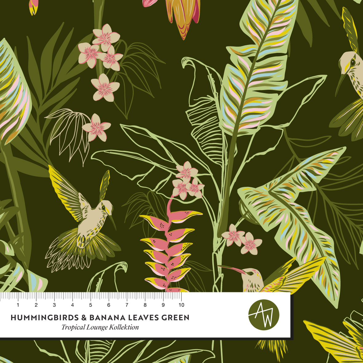 Bio Fabric - Hummingbirds And Banana Leaves Green by Alexandra Weise in green