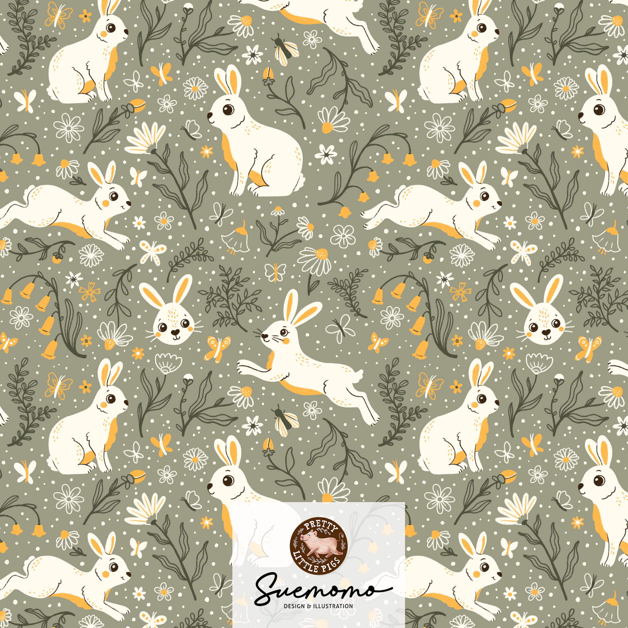 Bio Stoff  -  Happy Bunnies  - PrettyLittlePigs, Tiere, Ostern, grün
