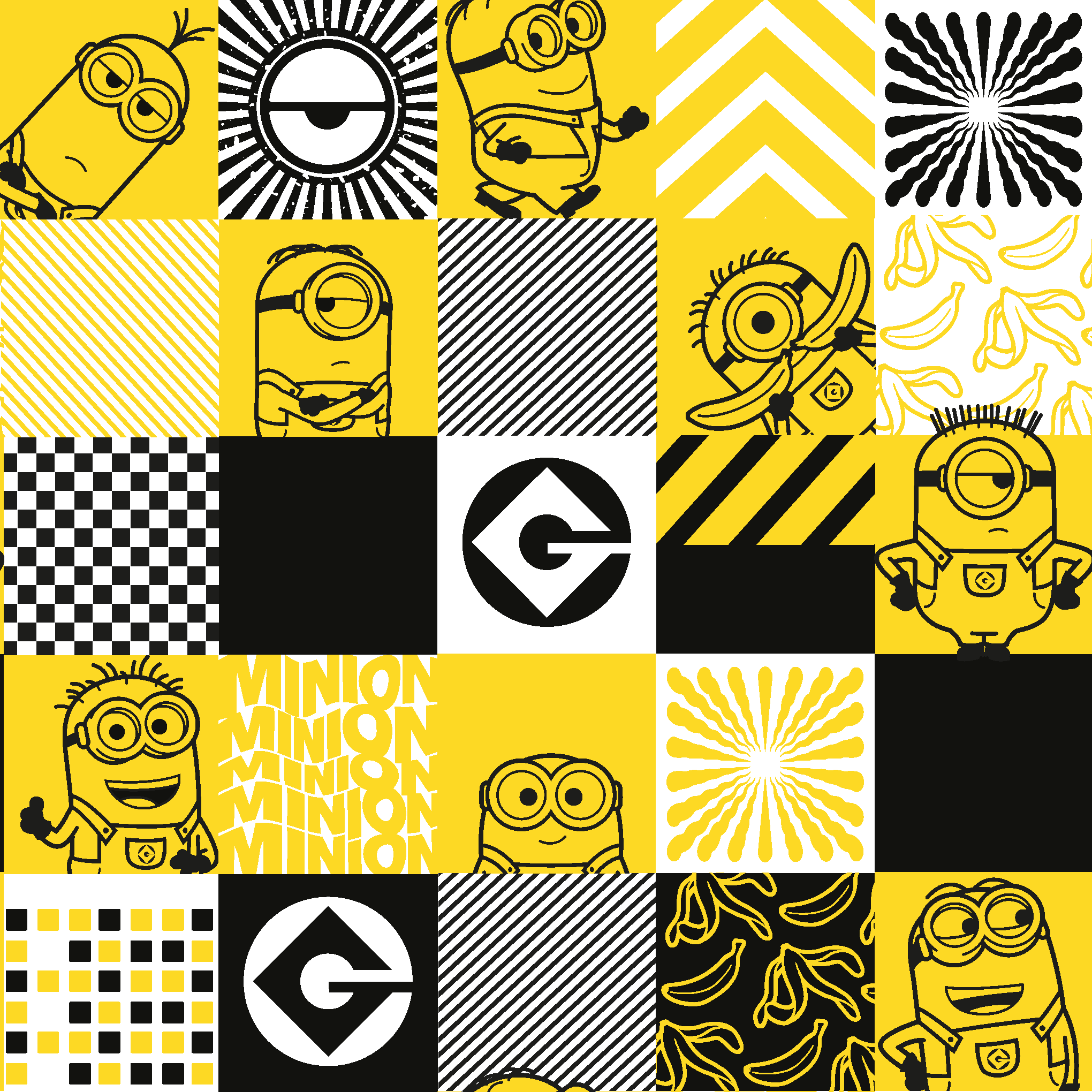 Bio Summersweat Stoff  -  Minions Chessboard  - Minions, gelb, schwarz, Breite 150 cm