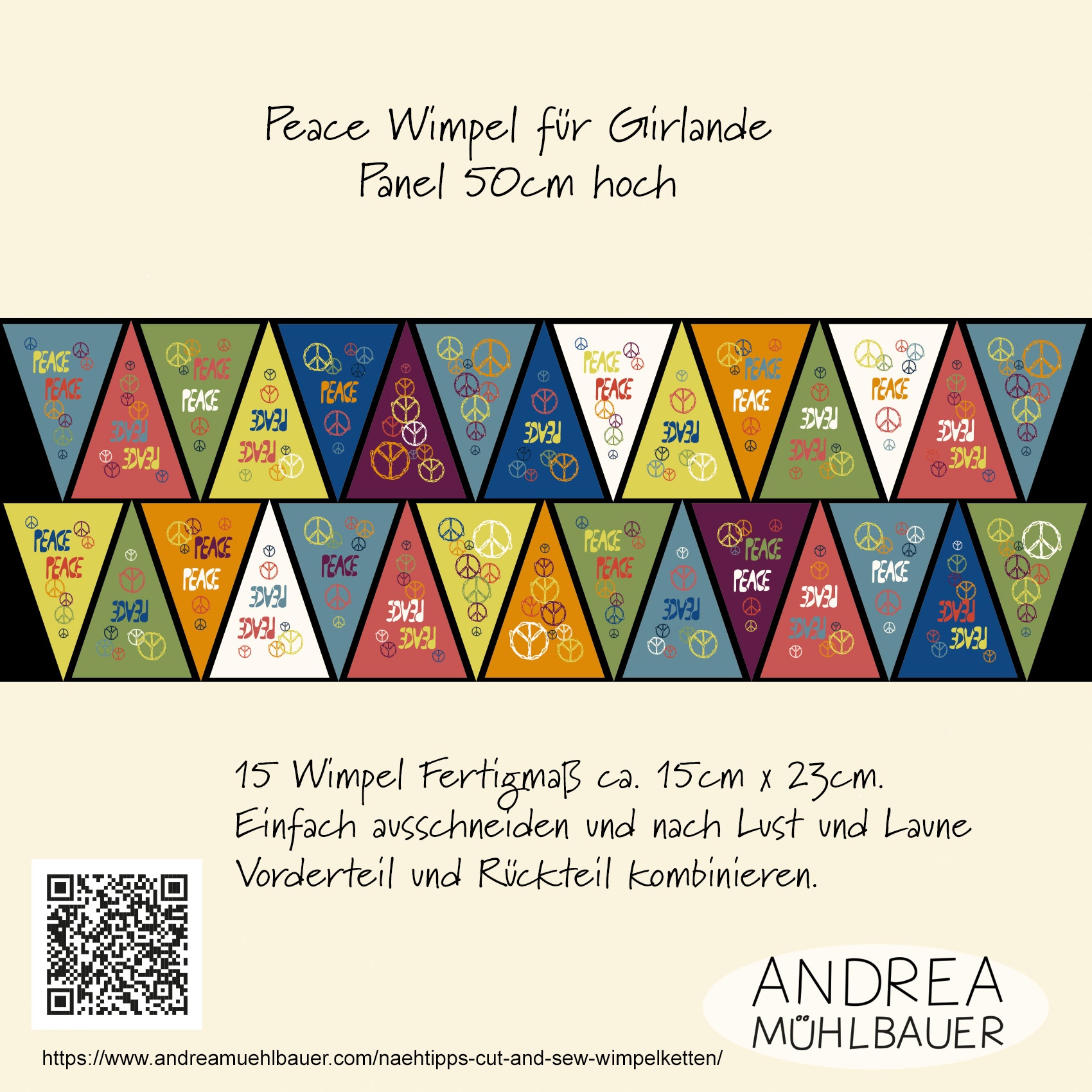 Bio Stoff - 50 cm Panel Peace Party Wimpel von Andrea Muehlbauer in bunt Bio Stoff - 50 cm Panel Peace Party Wimpel von Andrea Muehlbauer in bunt