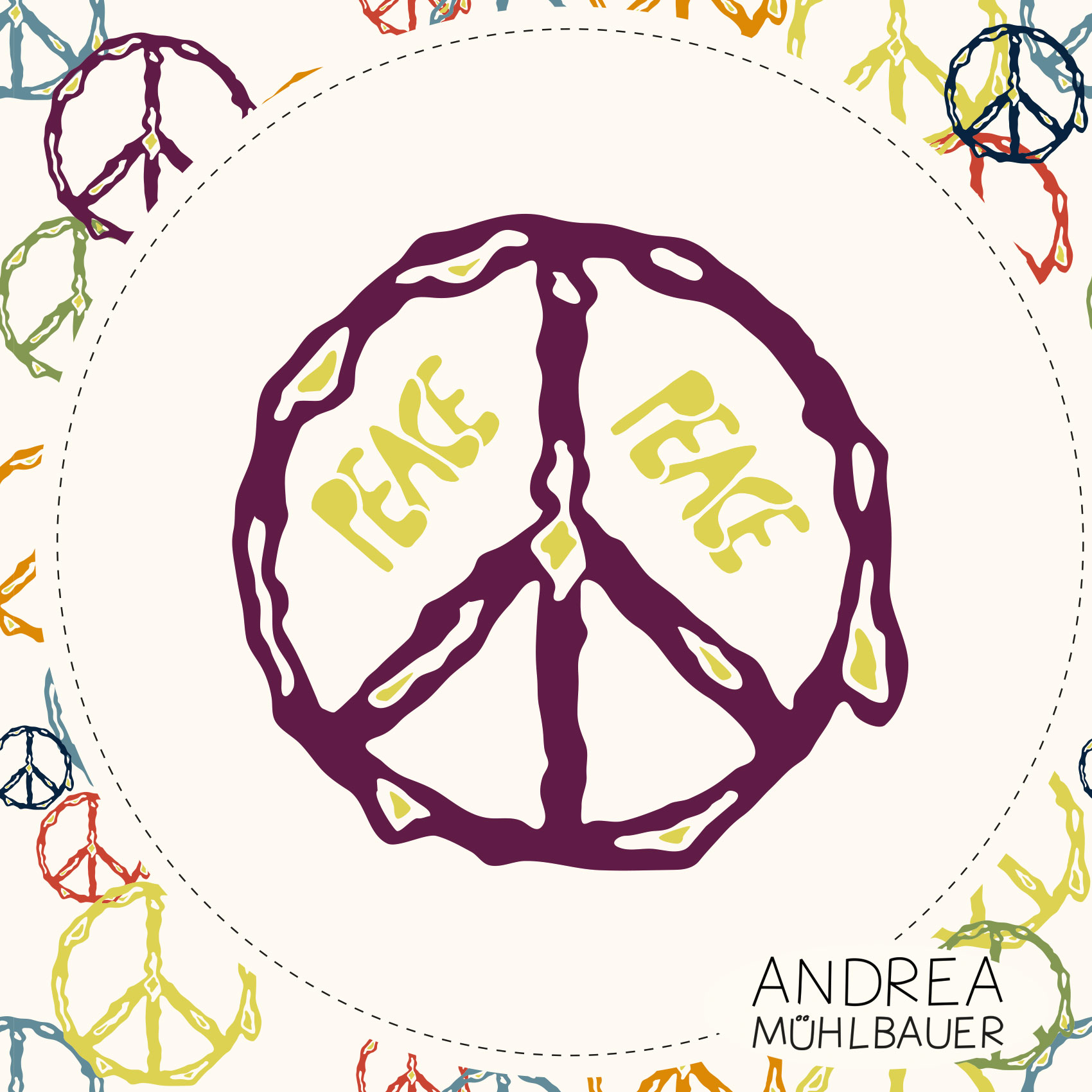 Bio Webware Stoff  -  50 cm Panel Peacezeichen Kissen Lila - AndreaMuehlbauer, bunt, Schrift, 100% Bio-Baumwolle