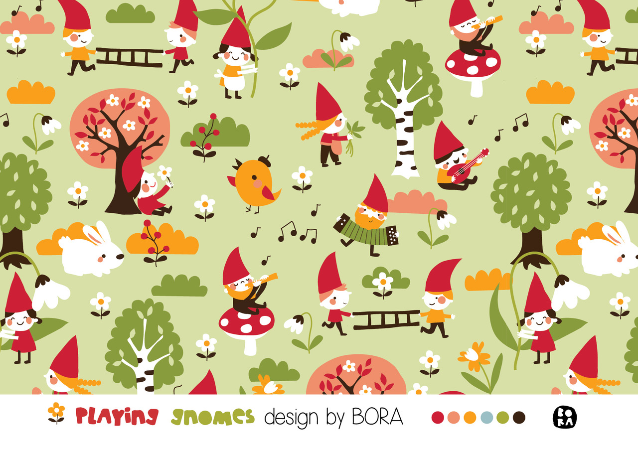 Scuba Stoff  -  Playing Gnomes  - Bora, Wald, rot, grün, Breite 150 cm