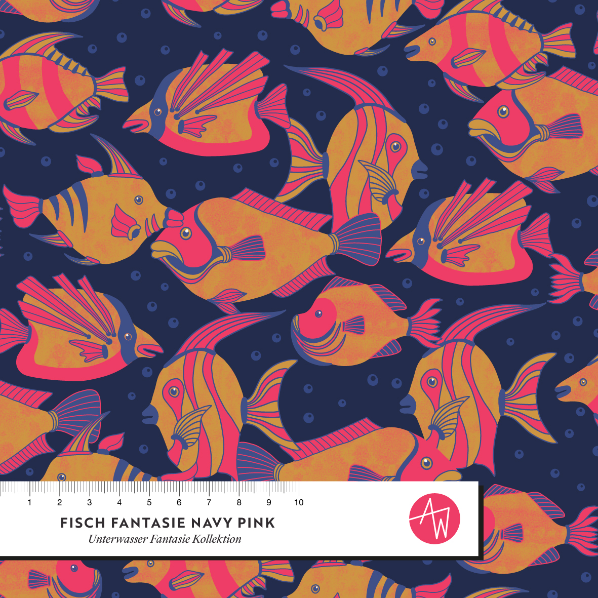Organic Fabric - Fish Fantasy Navy Pink by Alexandra Weise in blue