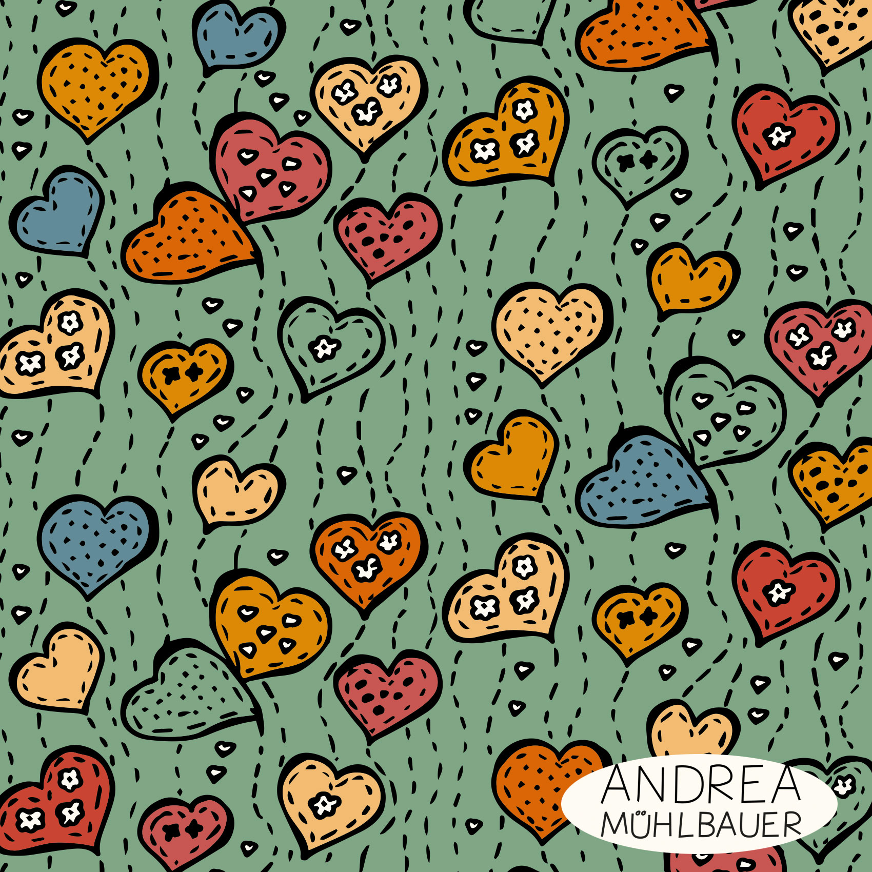 Bio Webware Stoff  - Be my Valentine on Sage - AndreaMuehlbauer, grün, Herzen, 100% Bio-Baumwolle