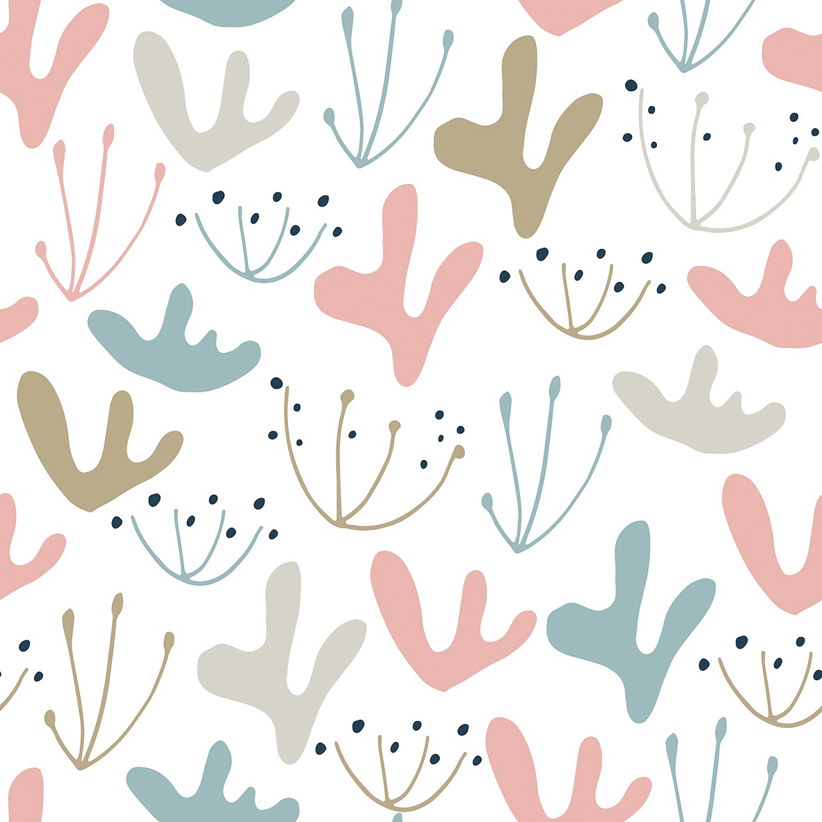 Bio Stoff  -  Lille Woodland Fantasy  - LilleSelection, Blätter & Ranken, Floral & Blumen, rosa, creme, Sommer, petrol, Frühling