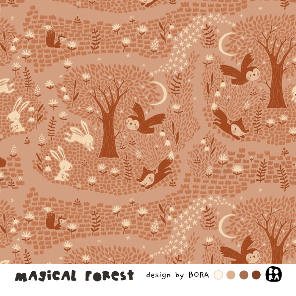 Bio Webware Stoff - Magical Forest - Bora, Bäume & Palmen, orange, Tiere, Wald, 100% Bio-Baumwolle Bio Webware Stoff - Magical Forest - Bora, Bäume & Palmen, orange, Tiere, Wald, 100% Bio-Baumwolle