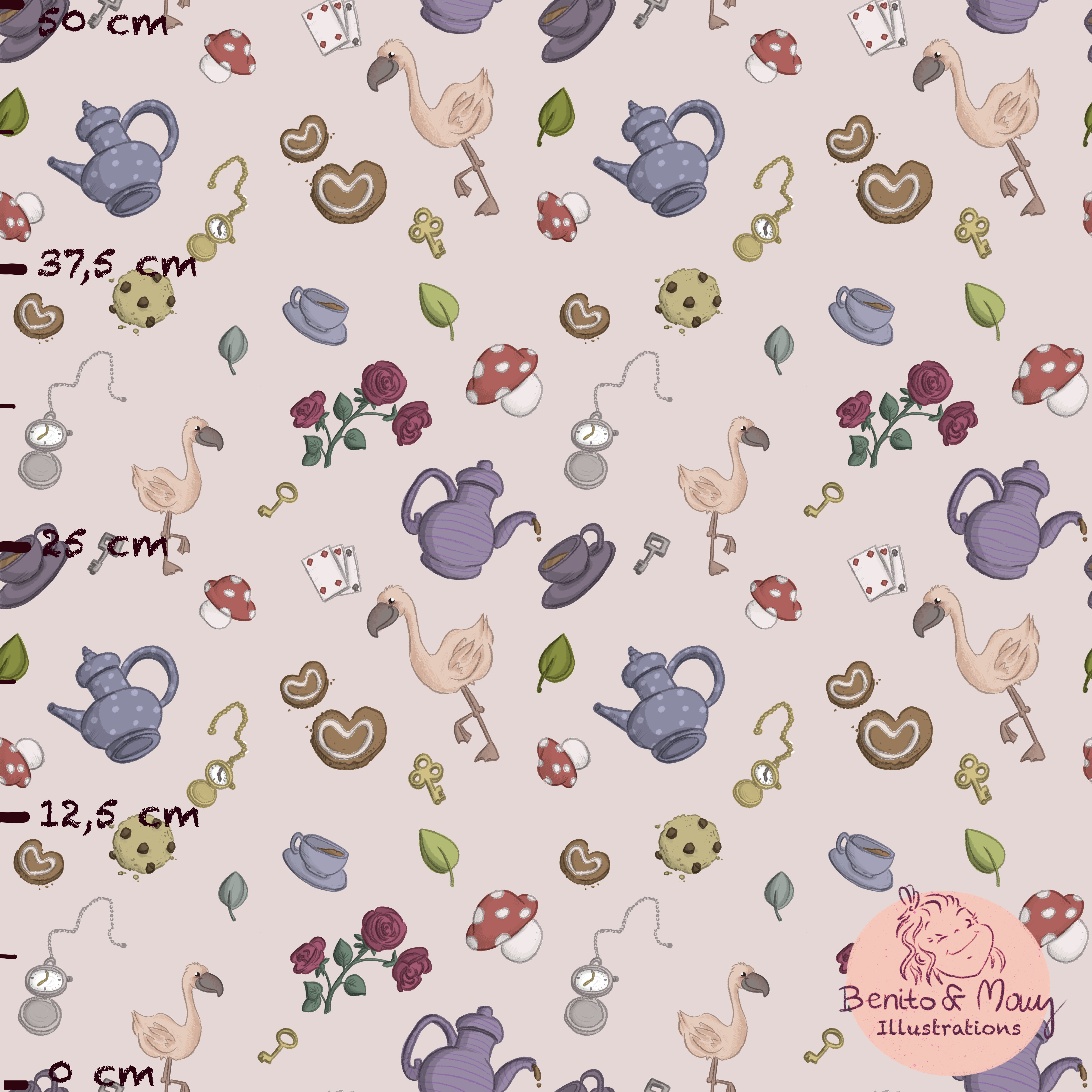 Organic Fabric - Tea Party Pink Small by Benito and Maus Illustrations in pink