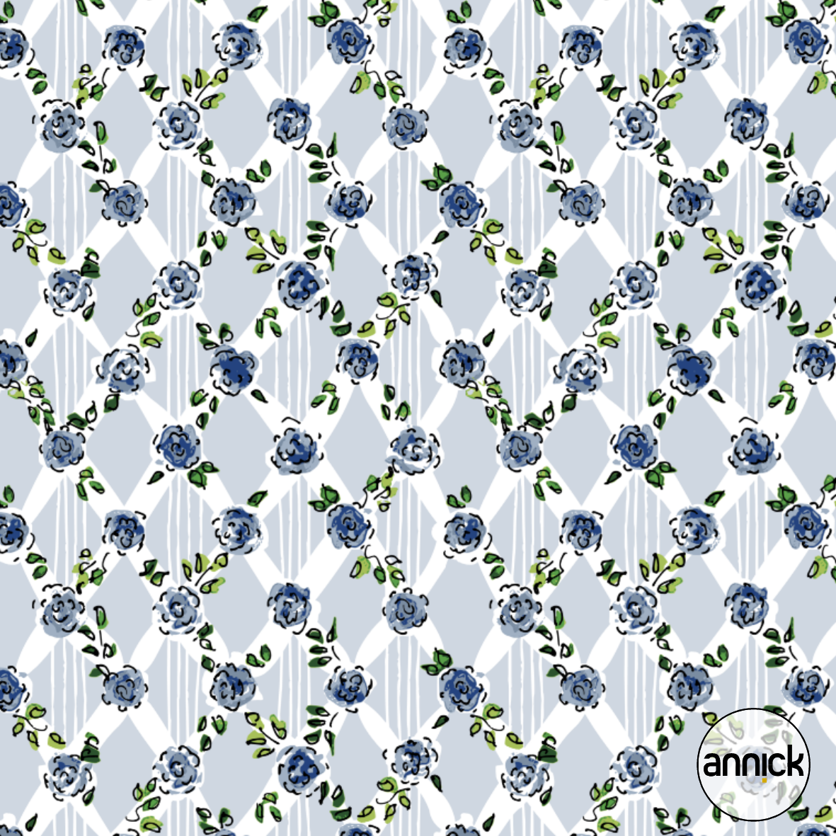 Bio Webware Stoff  - Romantic Cottage Roses Rhomb - Annick, blau, Floral & Blumen, 100% Bio-Baumwolle