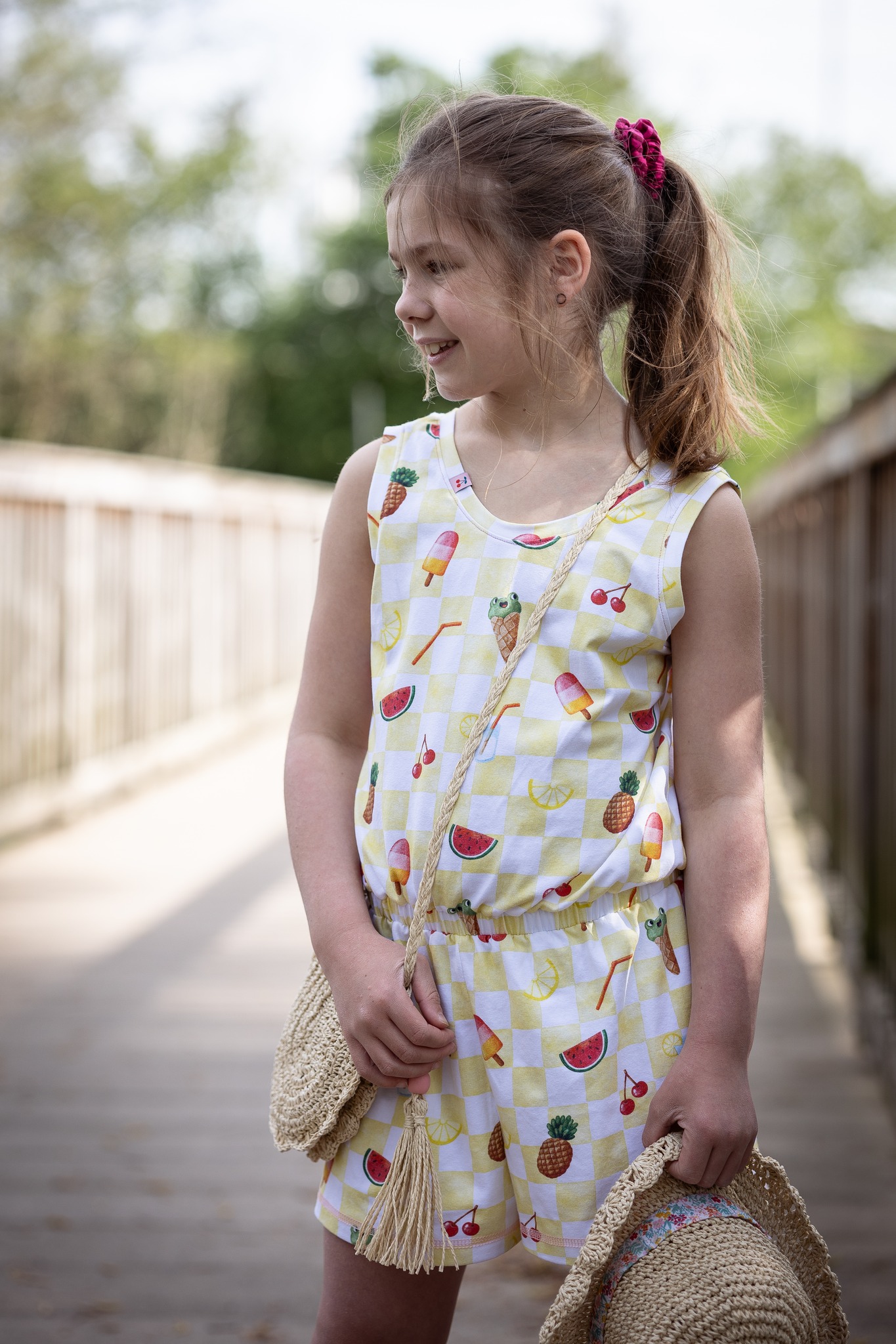 Bio Jersey Stoff  -  Summer Fun Süße Früchte Karo  - PrettyLittlePigs, Sommer, Obst & Gemüse, gelb, Breite 150 cm