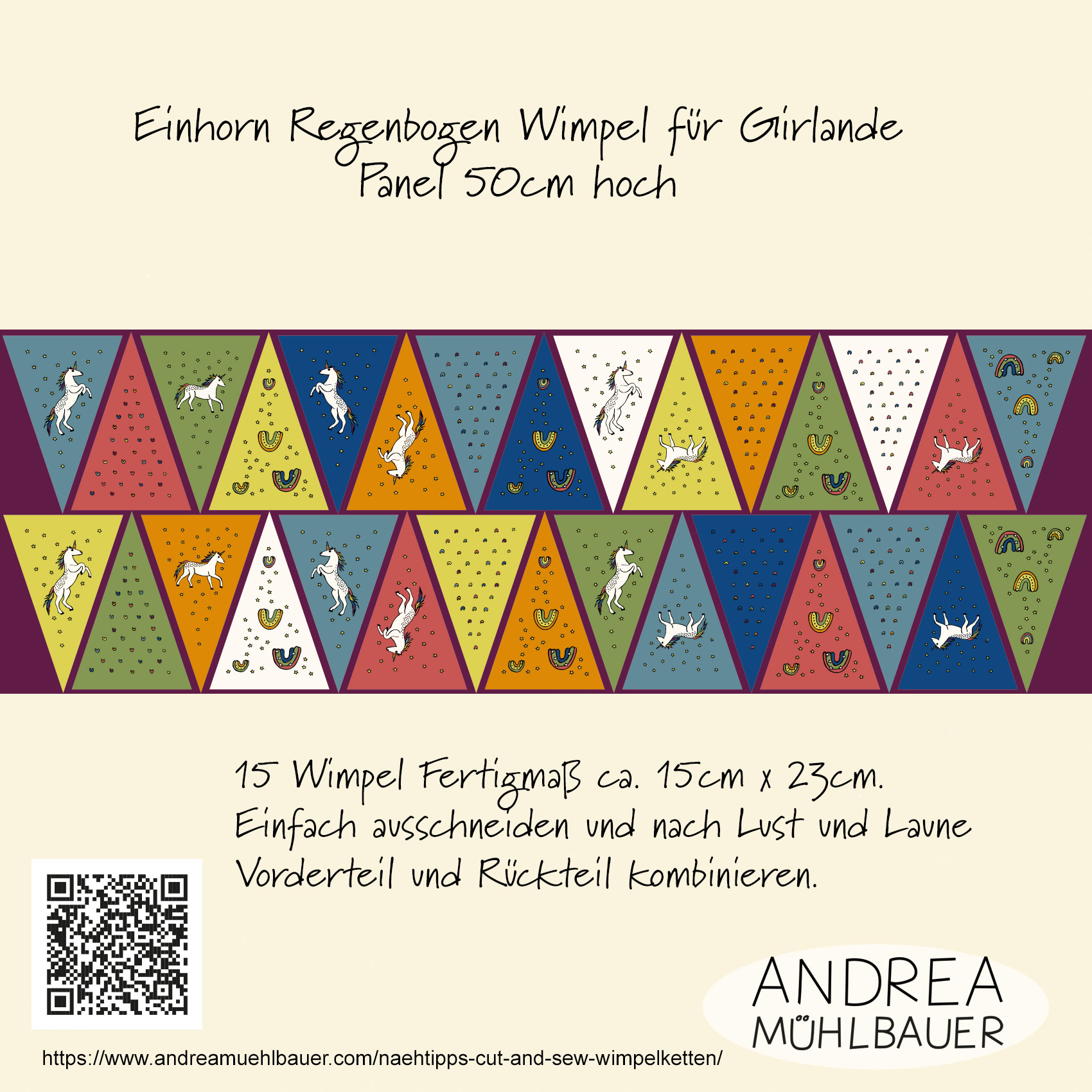 Bio Stoff -  50 cm Panel Einhorn Regenbogen Party Wimpel von Andrea Muehlbauer in bunt