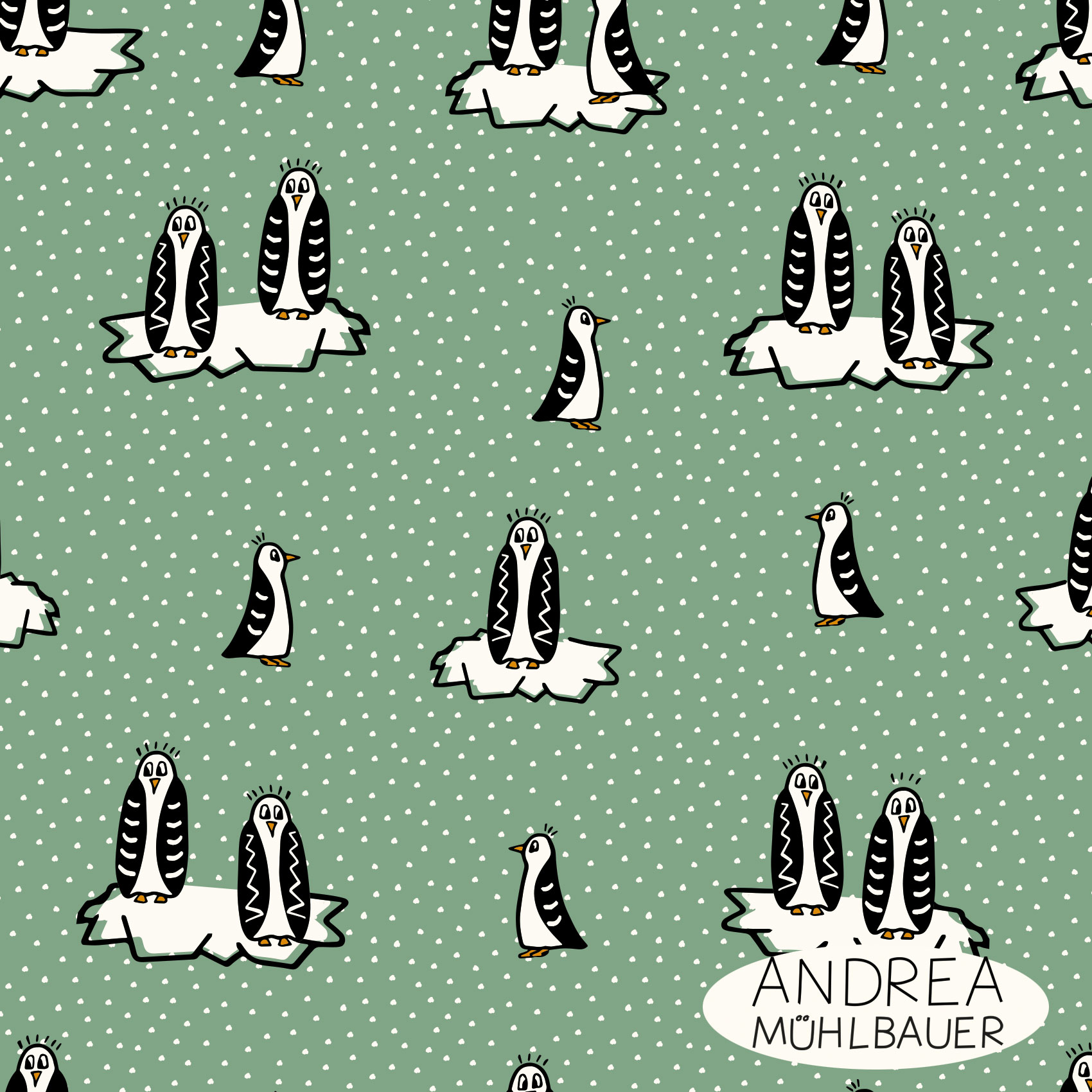 Bio Webware Stoff - Penguin on sage green - AndreaMuehlbauer, Tiere, grün, 100% Bio-Baumwolle Bio Webware Stoff - Penguin on sage green - AndreaMuehlbauer, Tiere, grün, 100% Bio-Baumwolle