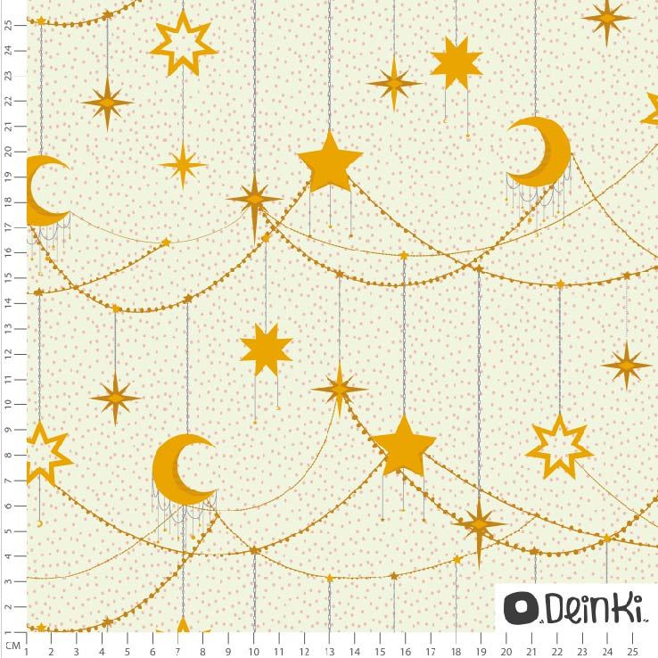 Bio Stoff  - Sternengirlanden - Deinki, beige, Sonne, Mond und Sterne