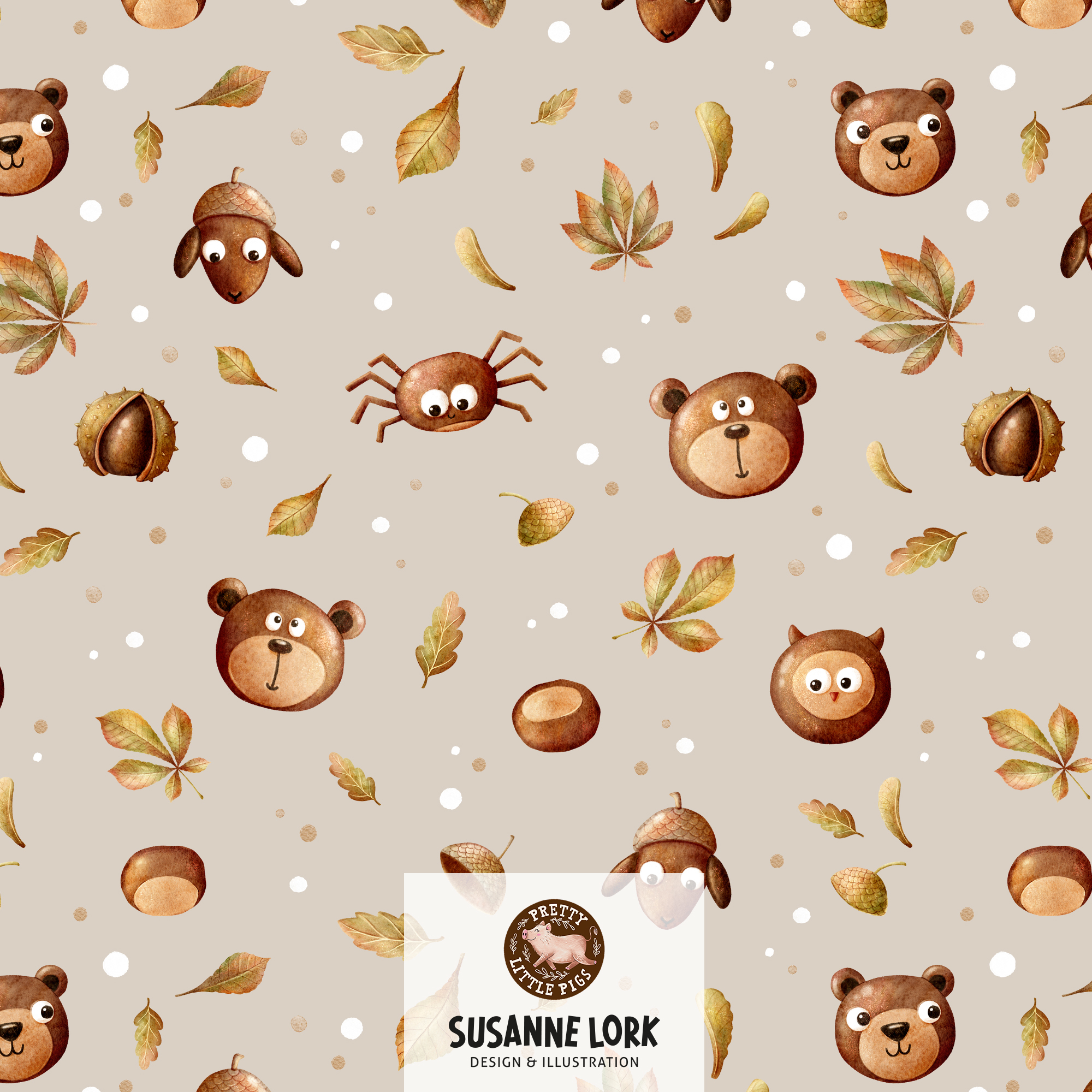 Bio Stoff - Chestnut Animal Heads Sand by Pretty Little Pigs in beige