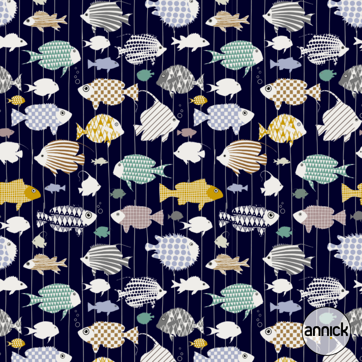 Bio Webware Stoff - Fresh Fish Family Dark Navy - Annick, blau, Maritim, Tiere 100% Bio-Baumwolle Bio Webware Stoff - Fresh Fish Family Dark Navy - Annick, blau, Maritim, Tiere 100% Bio-Baumwolle