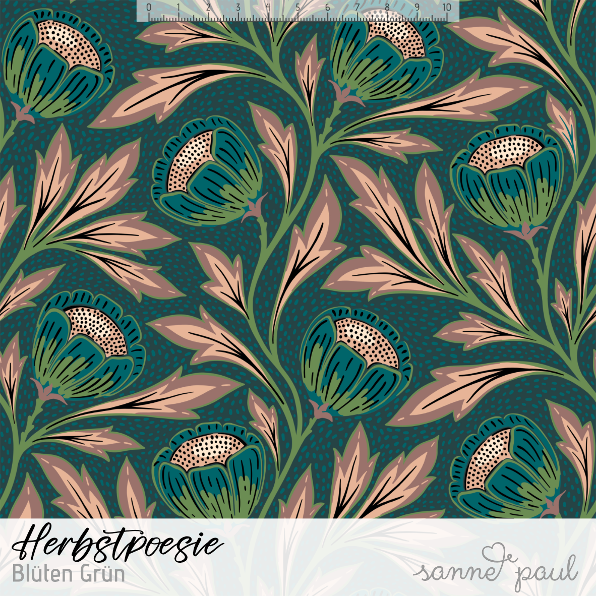 Organic Fabric - Autumn Poetry Flowers Green by Sanne Paul in green