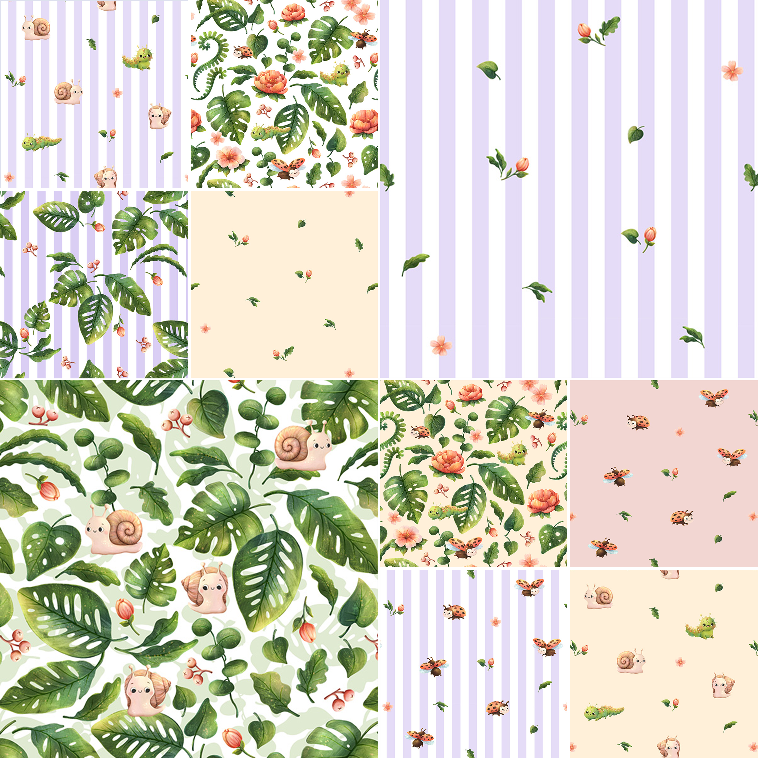 Bio Stoff  -  Blätter und Knospen Streifen lavendel