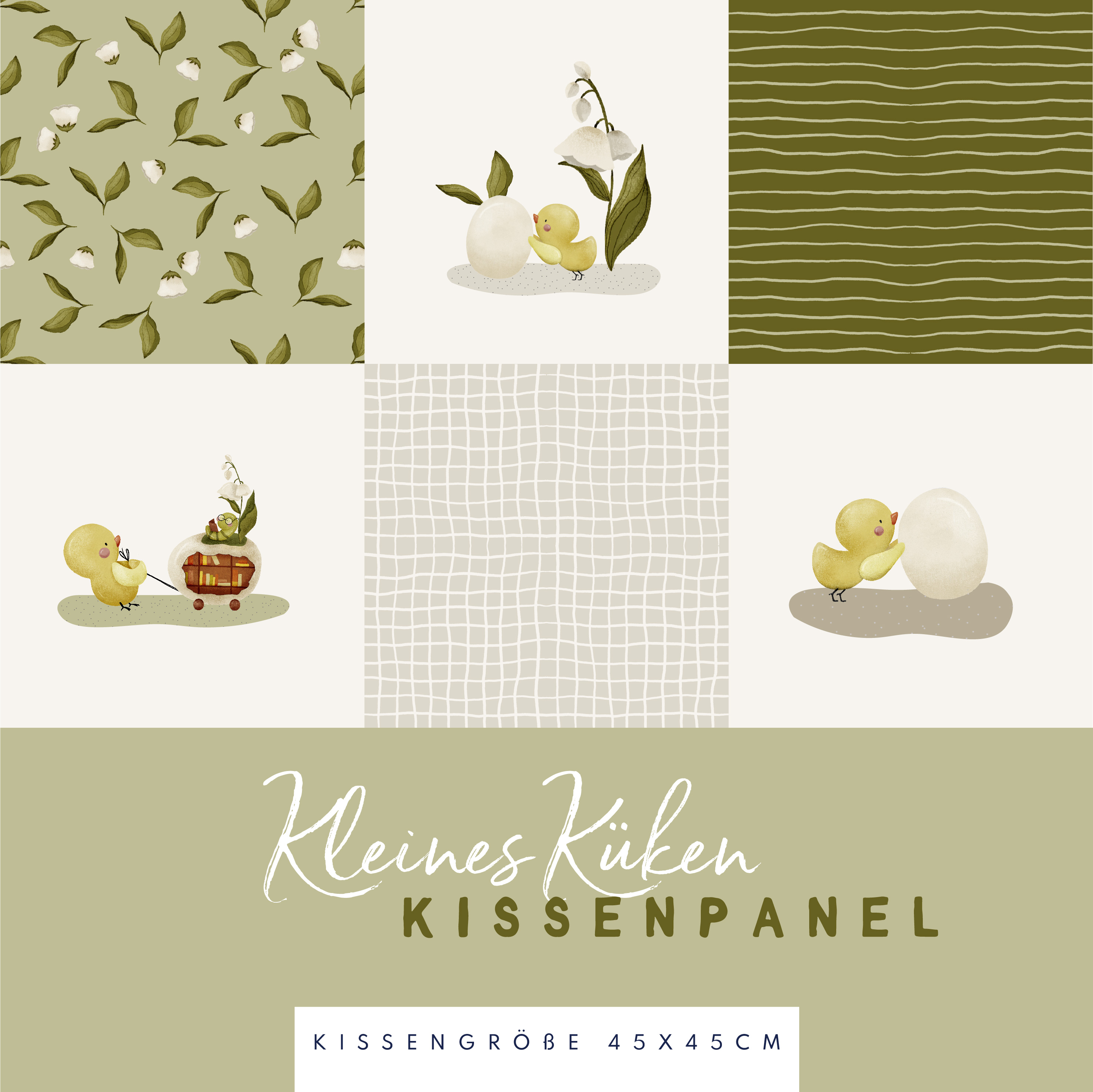 Bio Webware Stoff  -  Kleines Küken Kissenpanel  - DewiStudio, Tiere, Ostern, grün, 100% Bio-Baumwolle