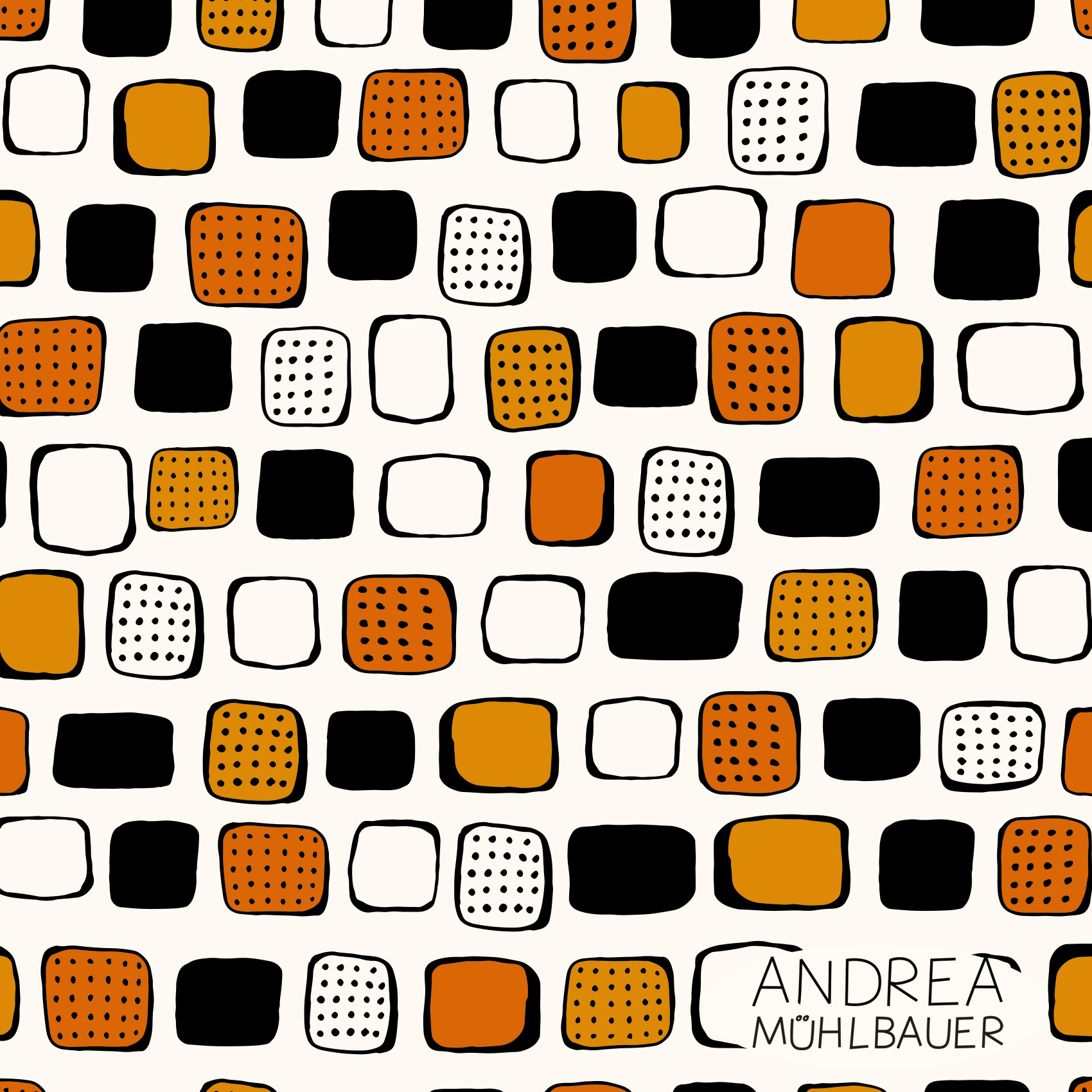 Bio Stoff - Handdrawn Squares Small Cream von Andrea Muehlbauer in creme, schwarz, orange