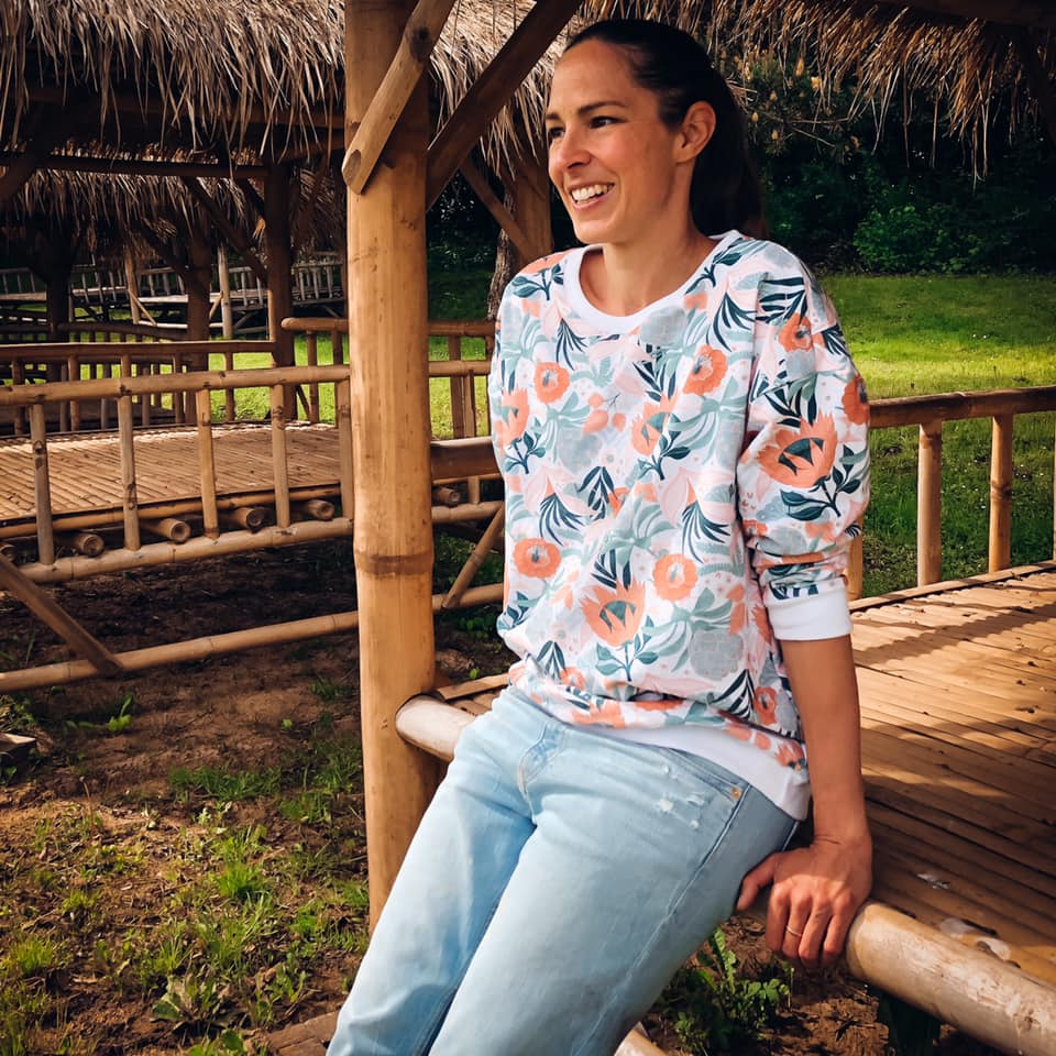 Bio Webware Stoff  -  Hawaiian Breeze  - LilleSelection, Sommer, grün, creme, Floral & Blumen, orange, Bäume & Palmen, 100% Bio-Baumwolle