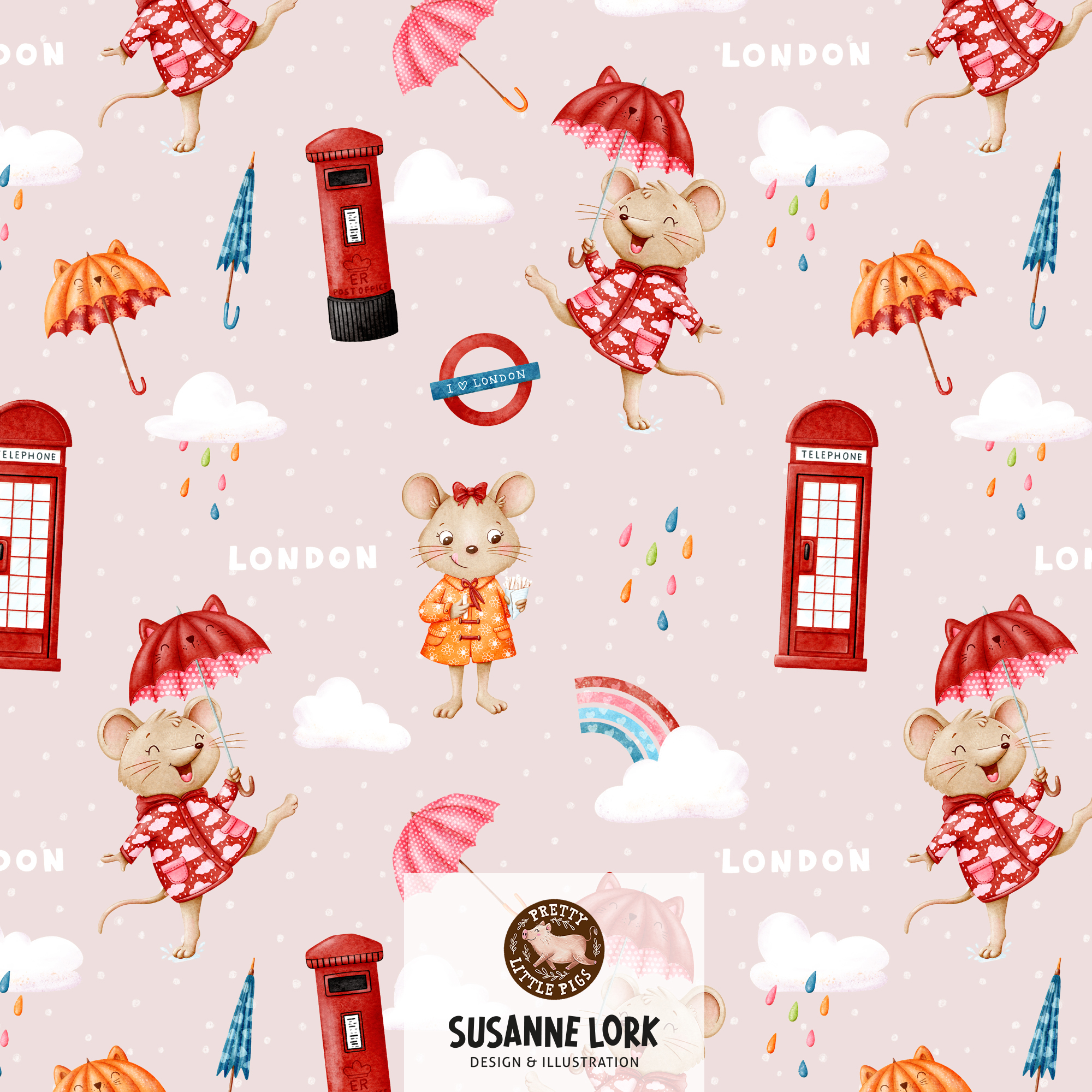 Bio Stoff - Hello London Rainy Day Rosa von Pretty Little Pigs in rosa
