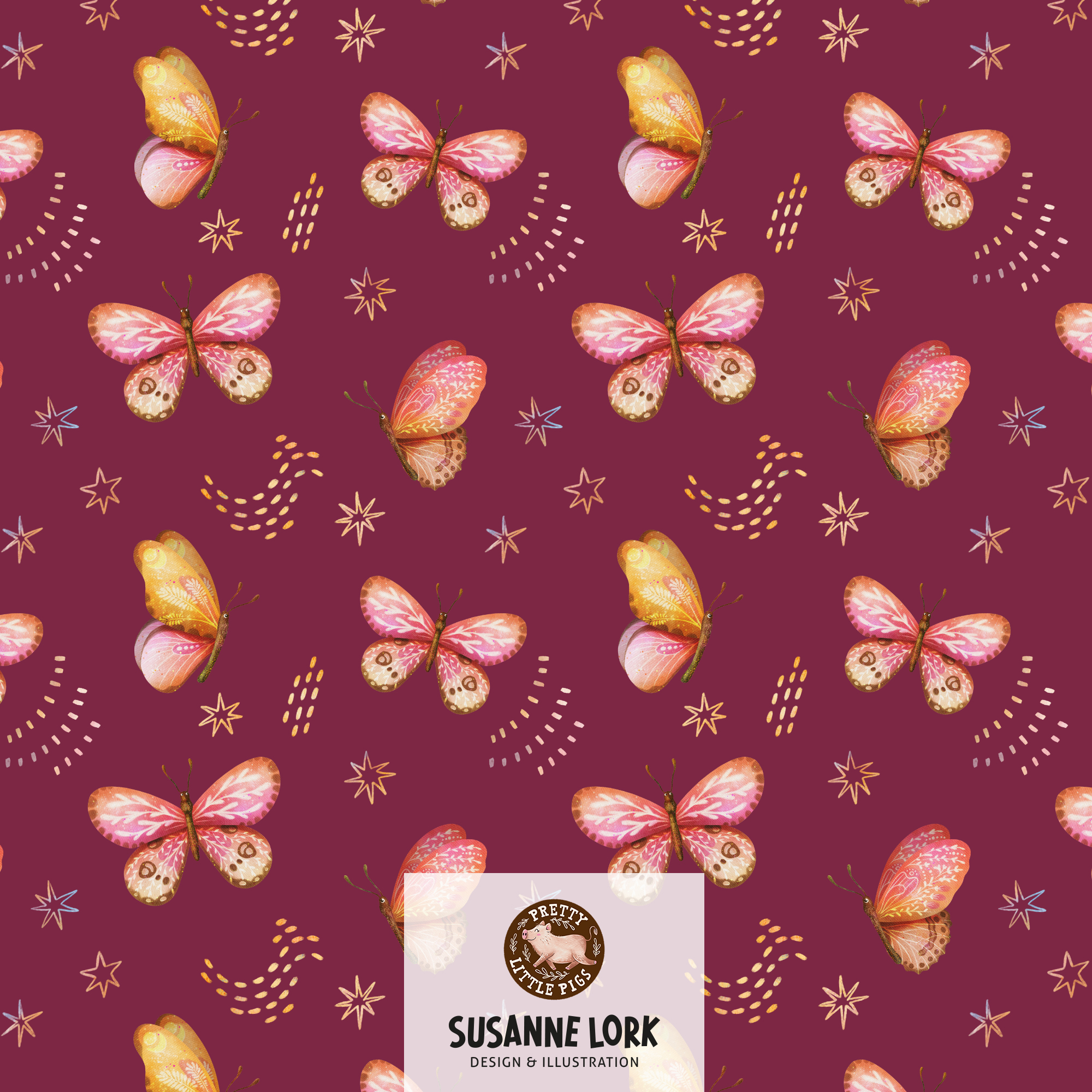 Bio Stoff - Magical Forest Schmetterlinge Beere von Pretty Little Pigs in beere