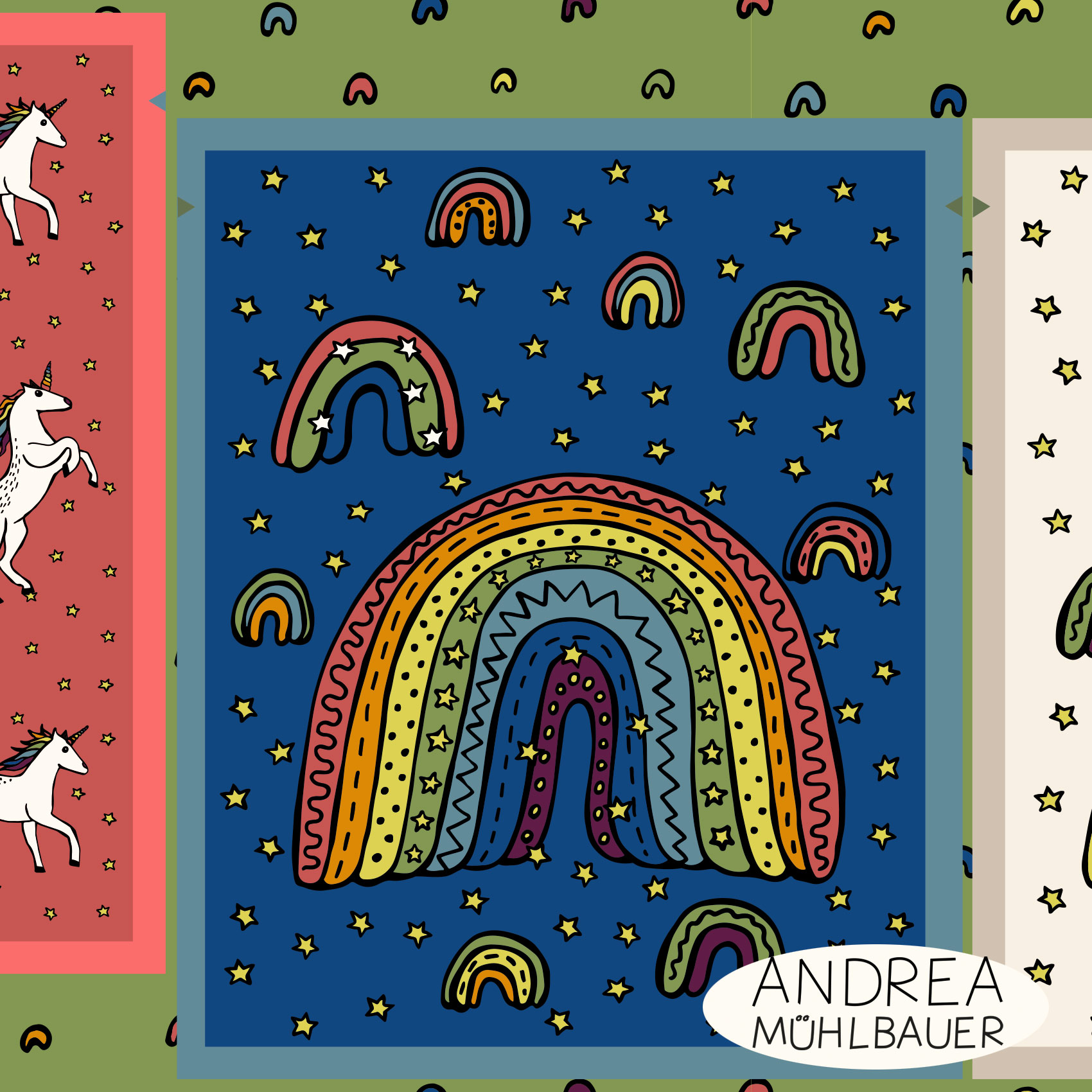 Bio Stoff -  50 cm Panel Einhorn Regenbogen Wendeturnbeutel von Andrea Muehlbauer in bunt
